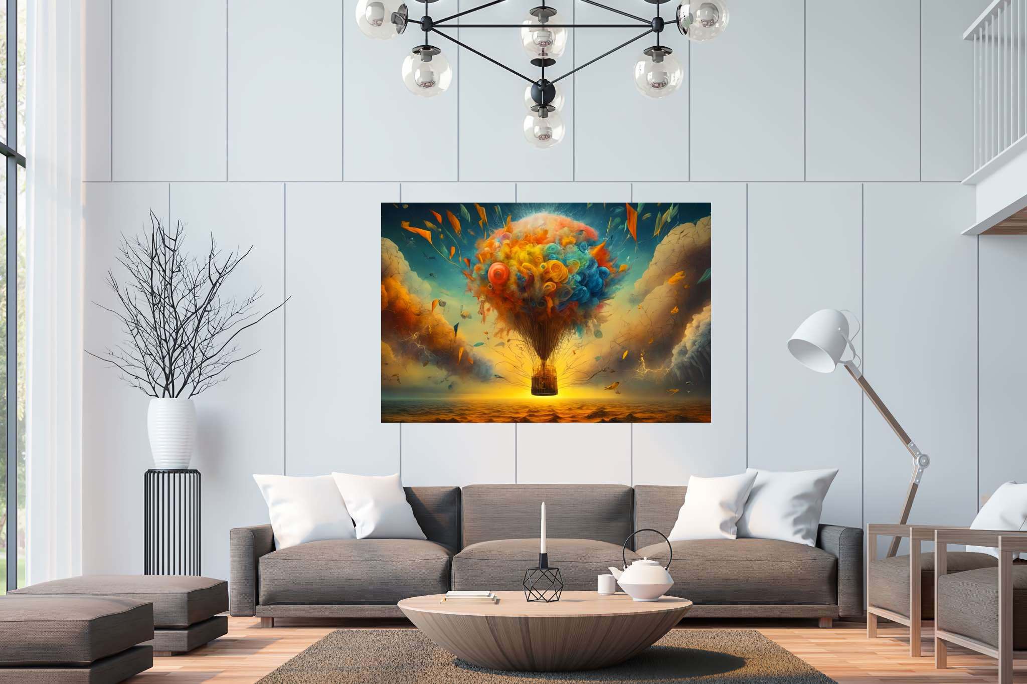 Balloon odyssey in cerulean dreams: Whimsy art with whimsy illustration, in a room with innovative layout, canvas prints, and elegant home goods. The art can be printed on poster, framed poster, canvas, metal, acrylic or wood, exclusively at WallArtZen. Find this exact print at https://wallartzen.com/waz324