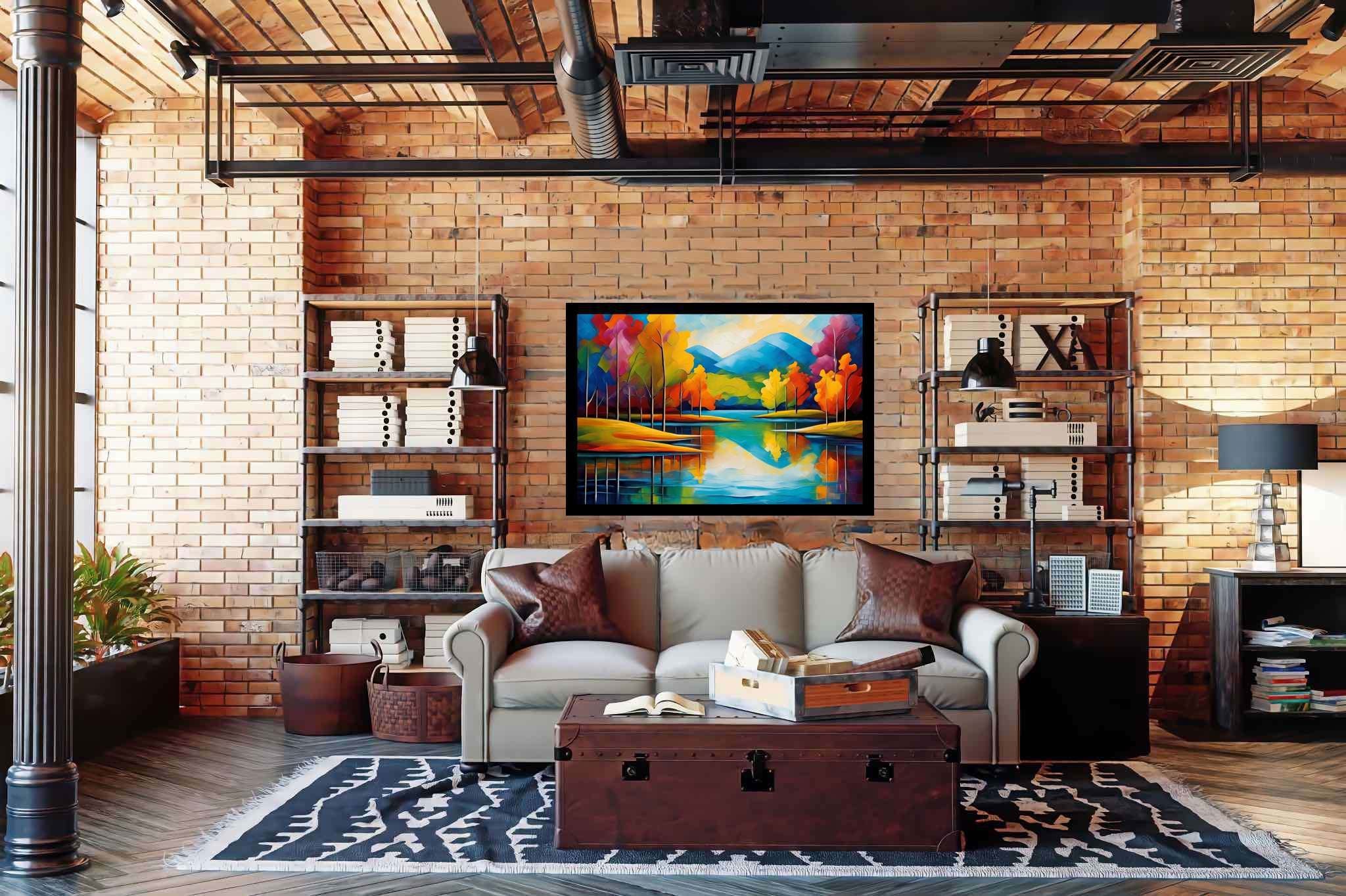 Murmurs of emerald tranquility: Landscape art with nature painting, in a room with urban design, gallery-quality artwork, and home styling items. The art can be printed on poster, framed poster, canvas, metal, acrylic or wood, exclusively at WallArtZen. Find this exact print at https://wallartzen.com/waz326