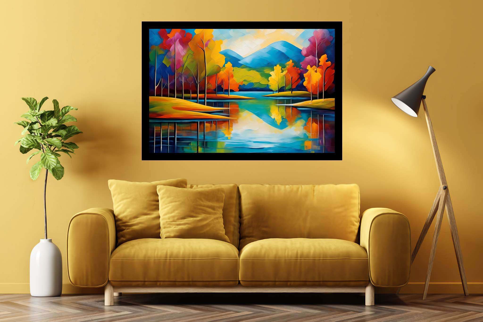 Murmurs of emerald tranquility: Landscape art with evocative nature scenes, in a room with contemporary flair, bespoke art designs, and designer furniture. The art can be printed on poster, framed poster, canvas, metal, acrylic or wood, exclusively at WallArtZen. Find this exact print at https://wallartzen.com/waz326