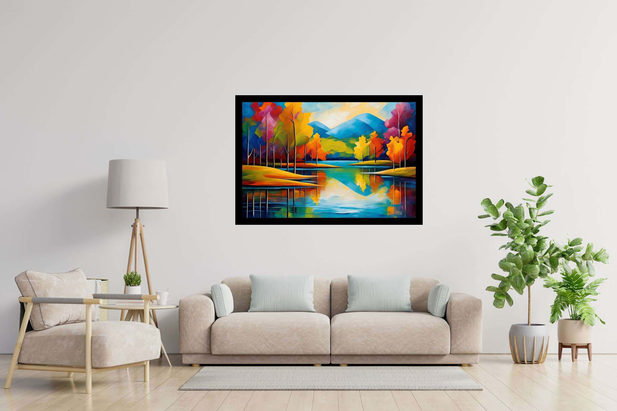 Murmurs of emerald tranquility: Landscape art with artistic landscapes, in a room with contemporary flair, wall art, and home styling items. The art can be printed on poster, framed poster, canvas, metal, acrylic or wood, exclusively at WallArtZen. Find this exact print at https://wallartzen.com/waz326