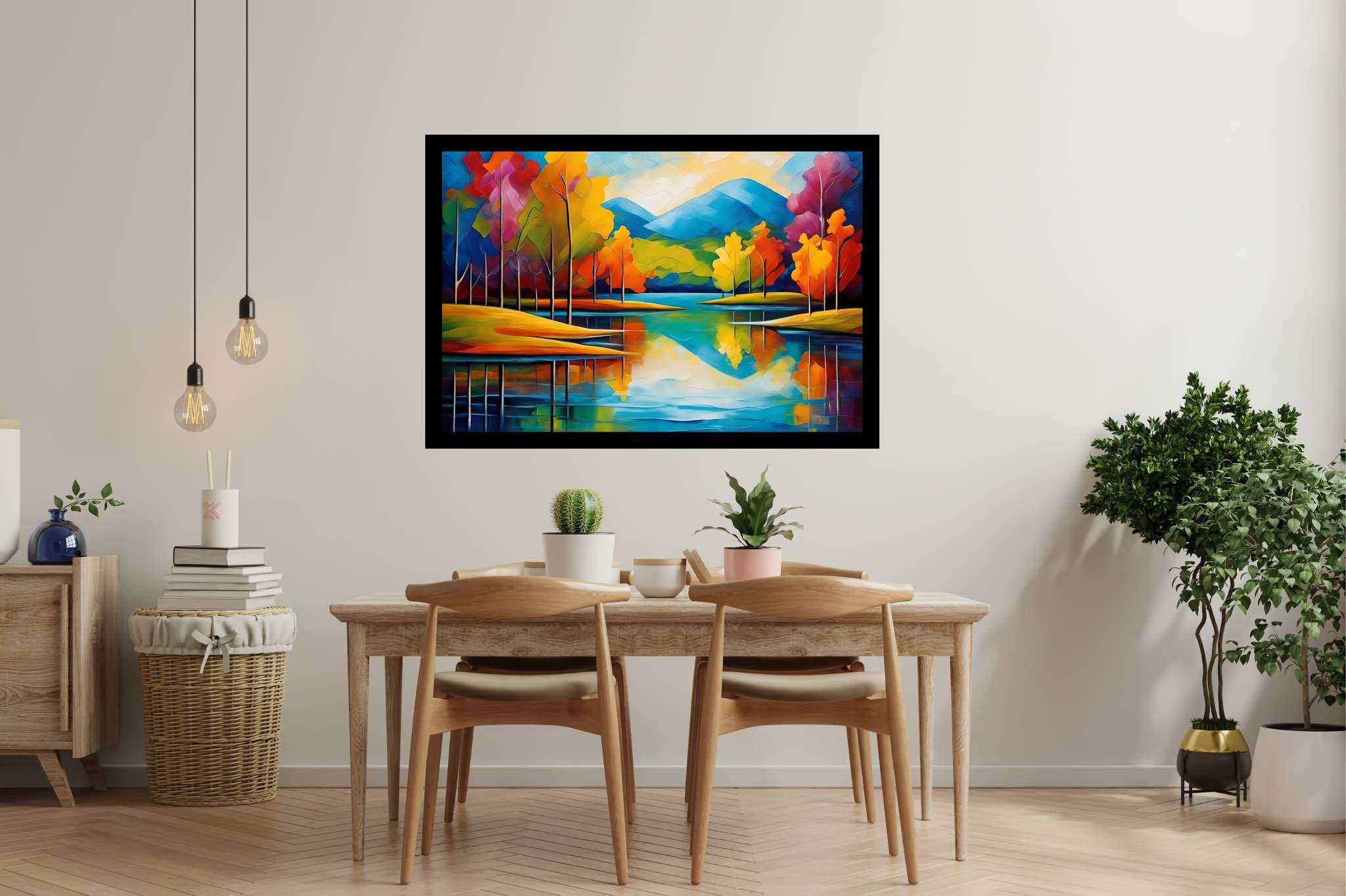 Murmurs of emerald tranquility: Landscape art with breathtaking scenery, in a room with chic decor, mural artworks, and interior decorations. The art can be printed on poster, framed poster, canvas, metal, acrylic or wood, exclusively at WallArtZen. Find this exact print at https://wallartzen.com/waz326