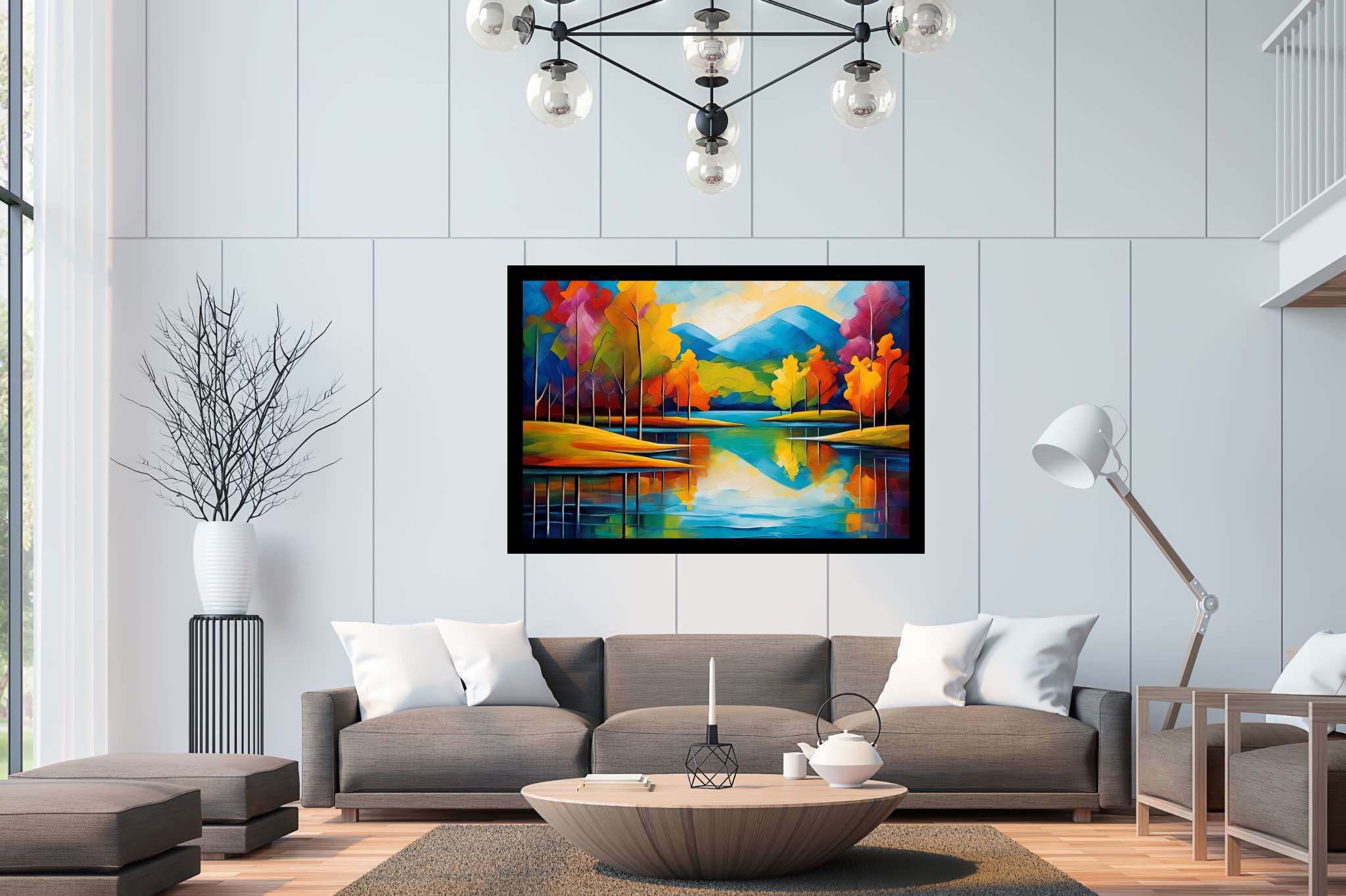 Murmurs of emerald tranquility: Landscape art with evocative nature scenes, in a room with artistic style, canvas prints, and home furnishings. The art can be printed on poster, framed poster, canvas, metal, acrylic or wood, exclusively at WallArtZen. Find this exact print at https://wallartzen.com/waz326