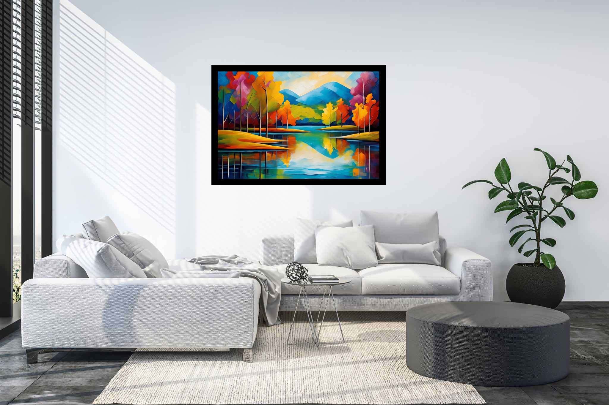 Murmurs of emerald tranquility: Landscape art with serene nature, in a room with urban design, canvas prints, and stylish accessories. The art can be printed on poster, framed poster, canvas, metal, acrylic or wood, exclusively at WallArtZen. Find this exact print at https://wallartzen.com/waz326