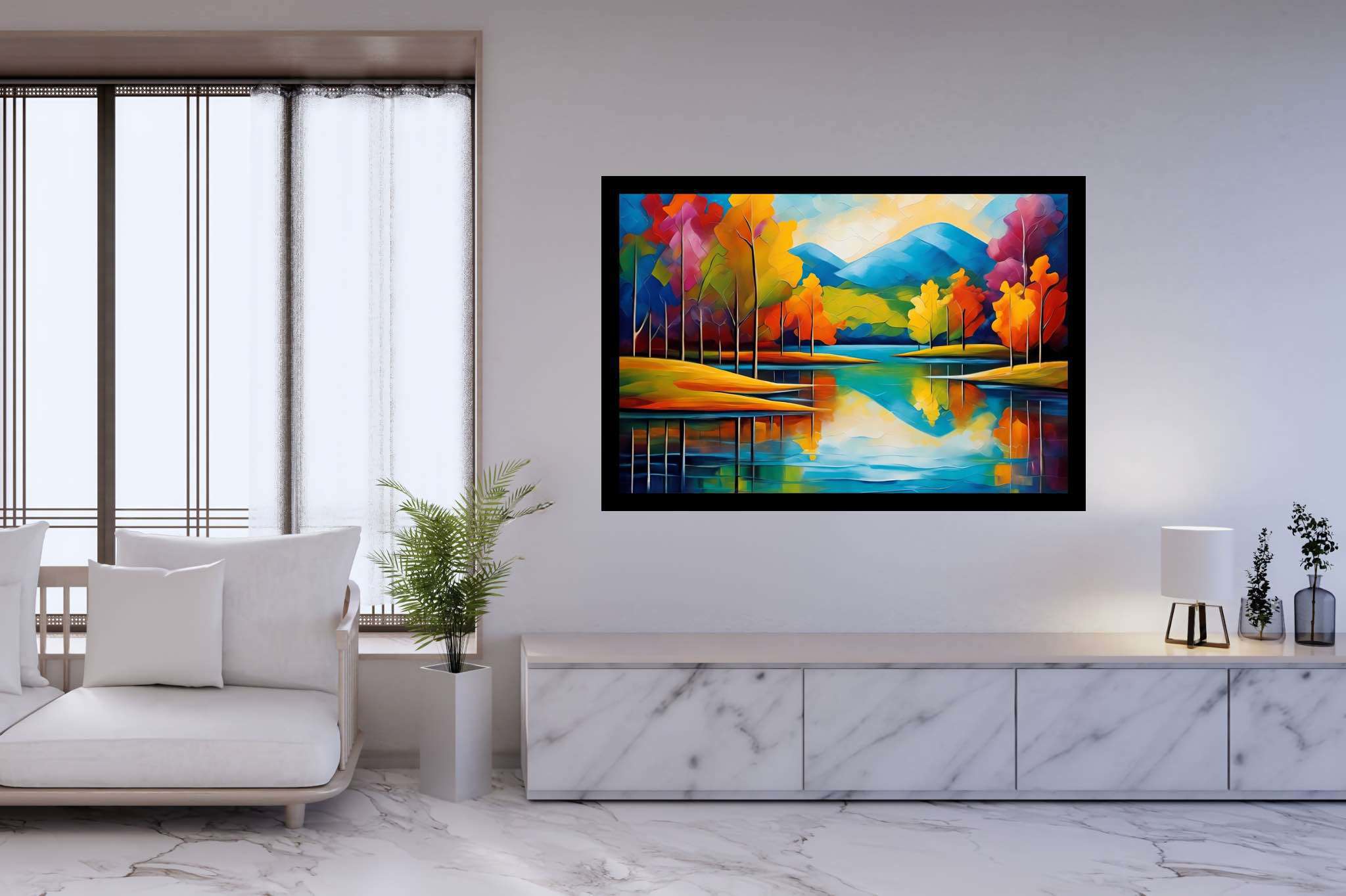Murmurs of emerald tranquility: Landscape art with nature painting, in a room with innovative layout, abstract paintings, and decorative pieces. The art can be printed on poster, framed poster, canvas, metal, acrylic or wood, exclusively at WallArtZen. Find this exact print at https://wallartzen.com/waz326