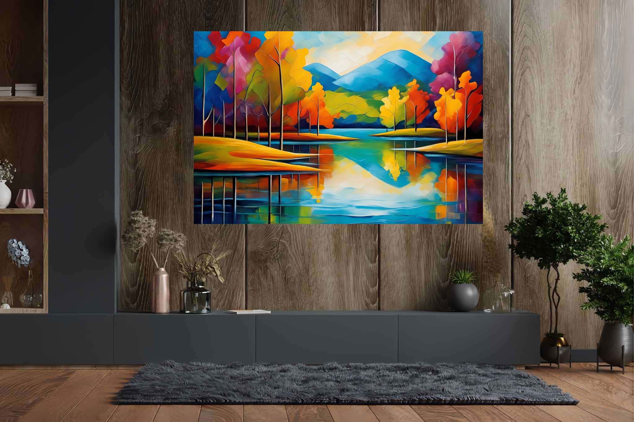Murmurs of emerald tranquility: Landscape art with majestic landscapes, in a room with great design, wall hangings, and stylish accessories. The art can be printed on poster, framed poster, canvas, metal, acrylic or wood, exclusively at WallArtZen. Find this exact print at https://wallartzen.com/waz326