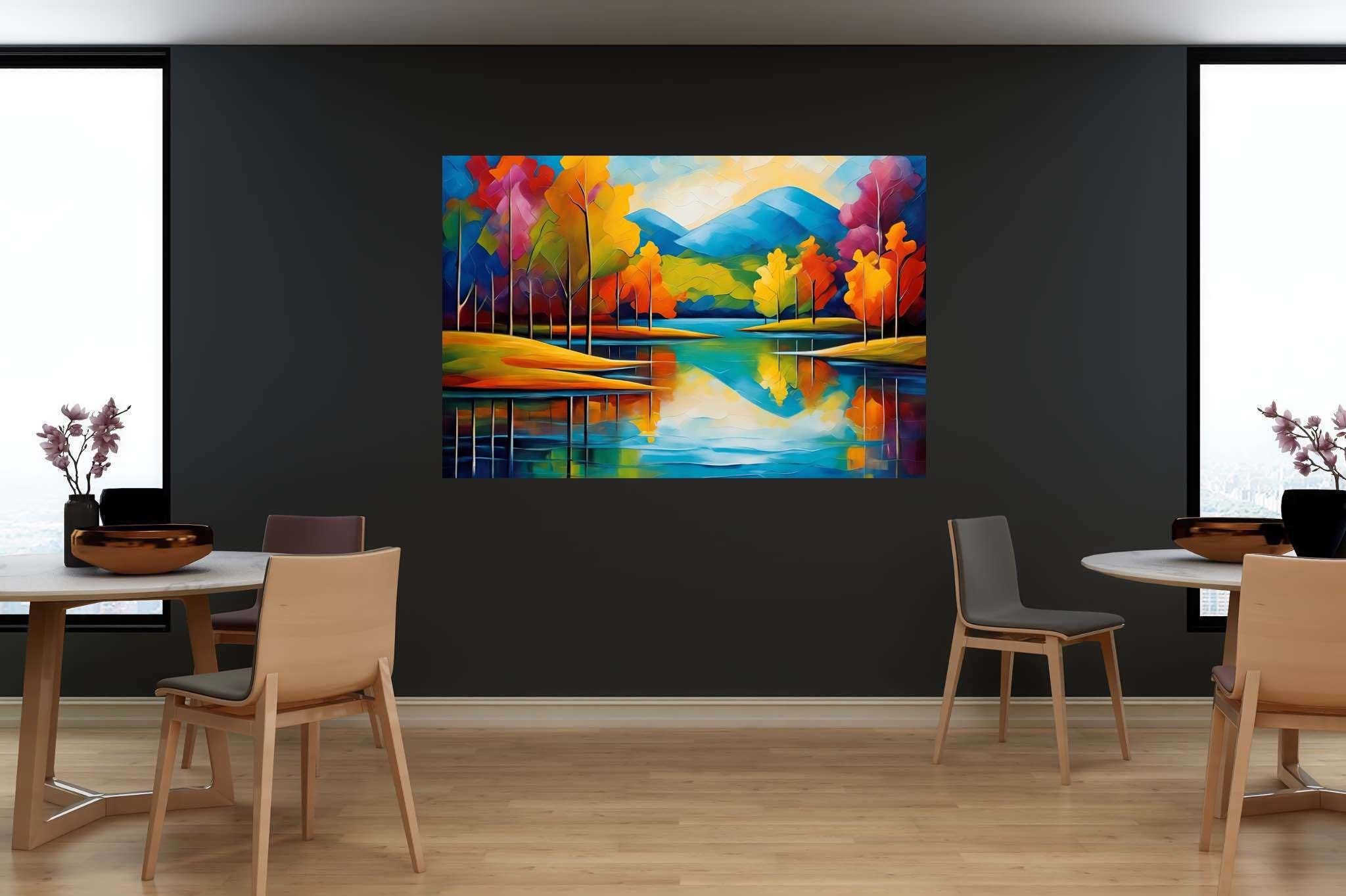 Murmurs of emerald tranquility: Landscape art with artistic horizons, in a room with contemporary flair, digital art pieces, and home furnishings. The art can be printed on poster, framed poster, canvas, metal, acrylic or wood, exclusively at WallArtZen. Find this exact print at https://wallartzen.com/waz326