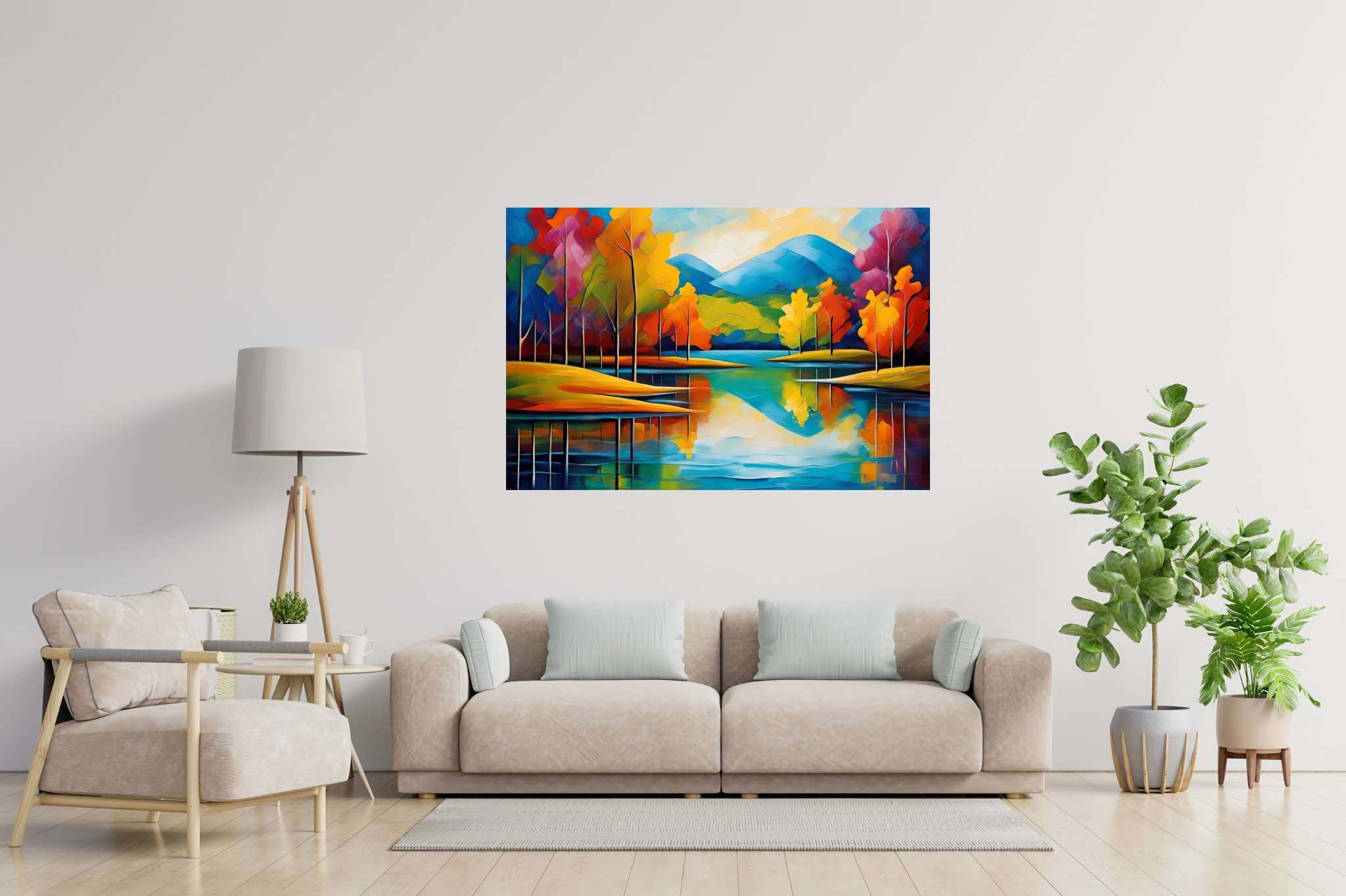 Murmurs of emerald tranquility: Landscape art with vibrant nature portraits, in a room with elegant layout, wall art, and stylish accessories. The art can be printed on poster, framed poster, canvas, metal, acrylic or wood, exclusively at WallArtZen. Find this exact print at https://wallartzen.com/waz326