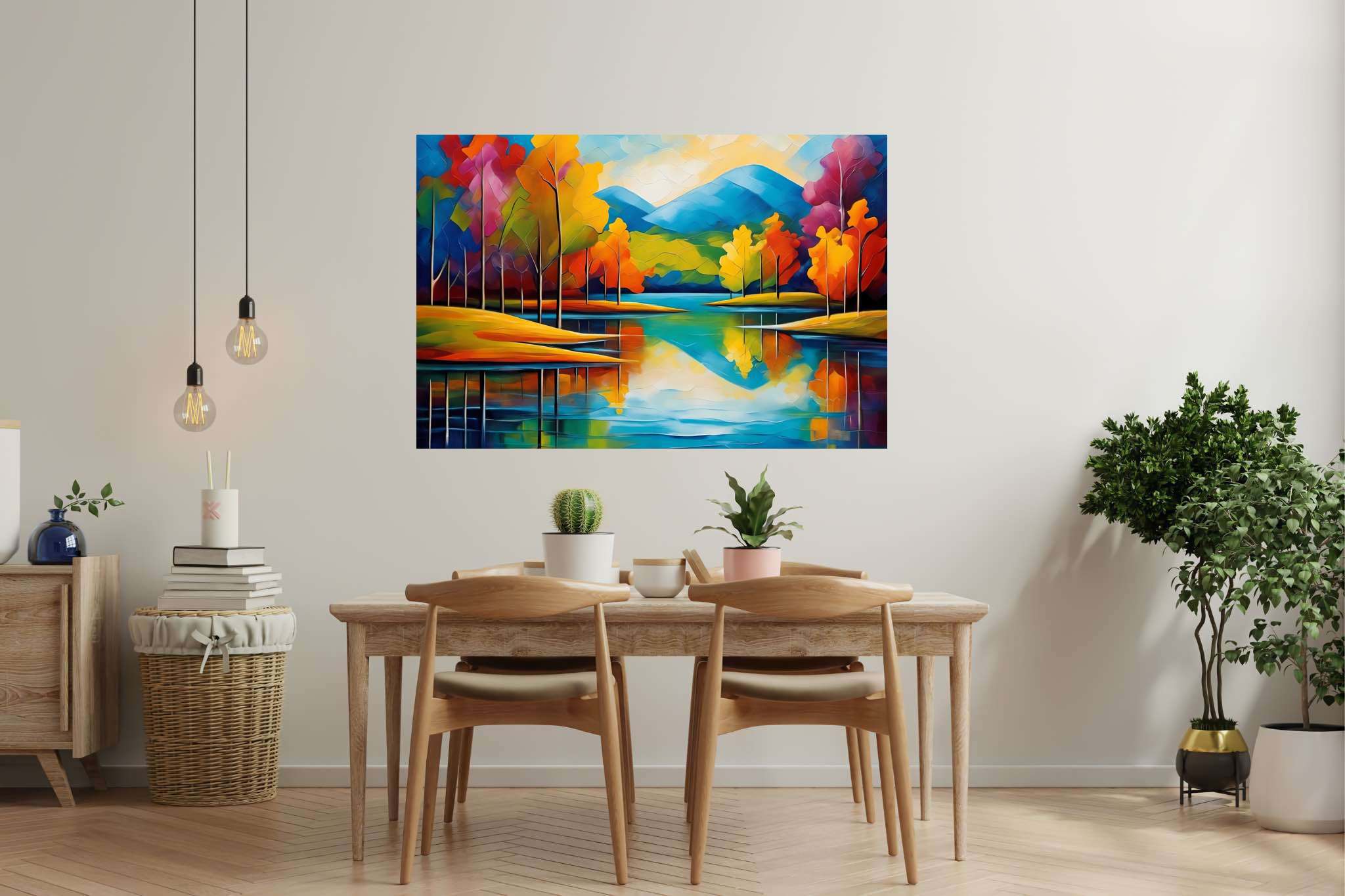 Murmurs of emerald tranquility: Landscape art with landscape art, in a room with chic decor, digital art pieces, and home styling items. The art can be printed on poster, framed poster, canvas, metal, acrylic or wood, exclusively at WallArtZen. Find this exact print at https://wallartzen.com/waz326