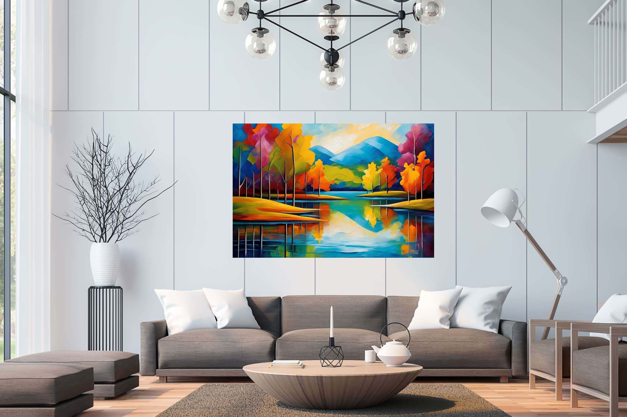 Murmurs of emerald tranquility: Landscape art with majestic landscapes, in a room with modern style, gallery-quality artwork, and luxe decor. The art can be printed on poster, framed poster, canvas, metal, acrylic or wood, exclusively at WallArtZen. Find this exact print at https://wallartzen.com/waz326