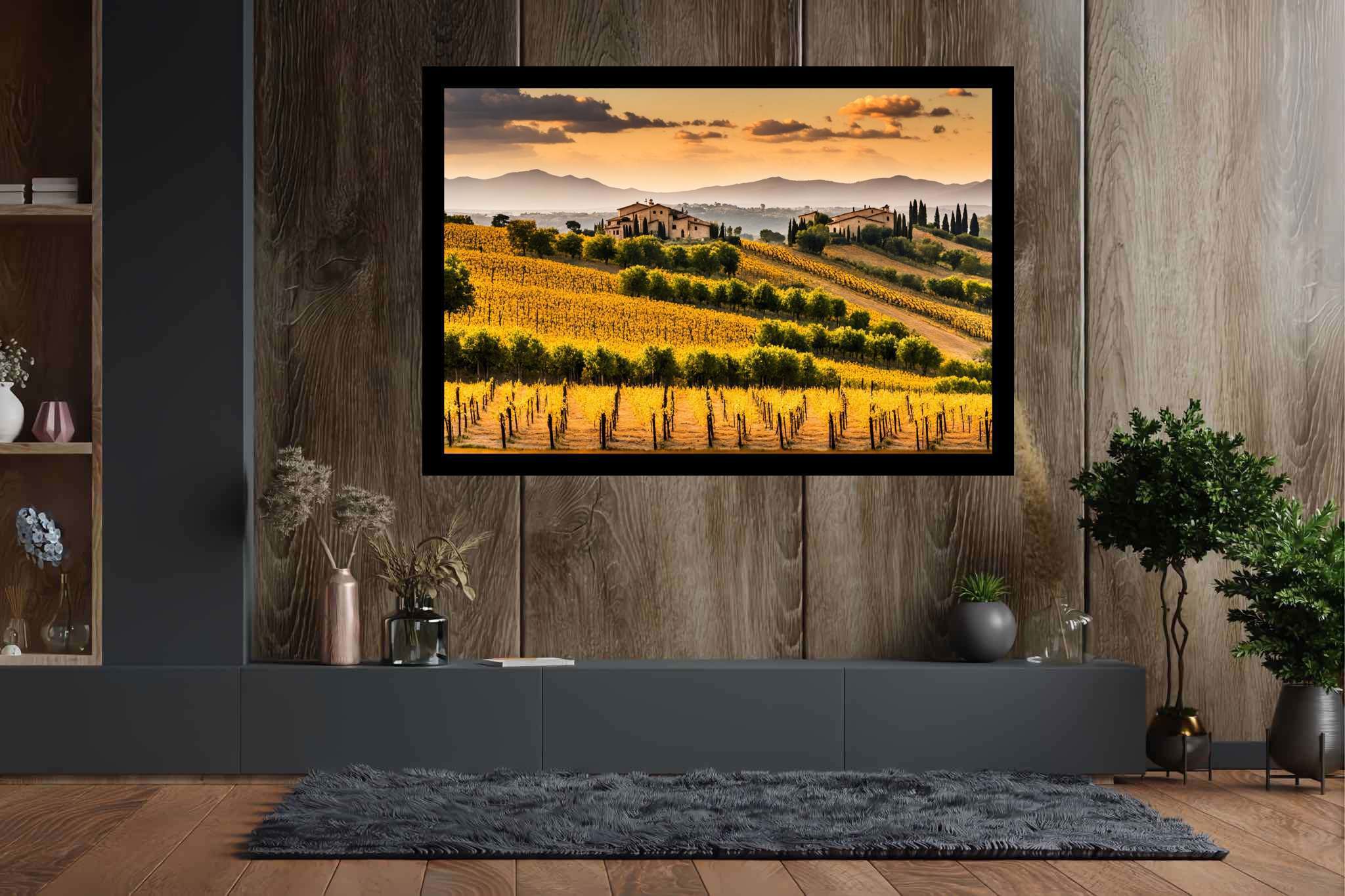 Meadow's breath silhouette: Serene landscape art with peaceful nature scenes, in a room with chic decor, fine art prints, and designer furniture. The art can be printed on poster, framed poster, canvas, metal, acrylic or wood, exclusively at WallArtZen. Find this exact print at https://wallartzen.com/waz328