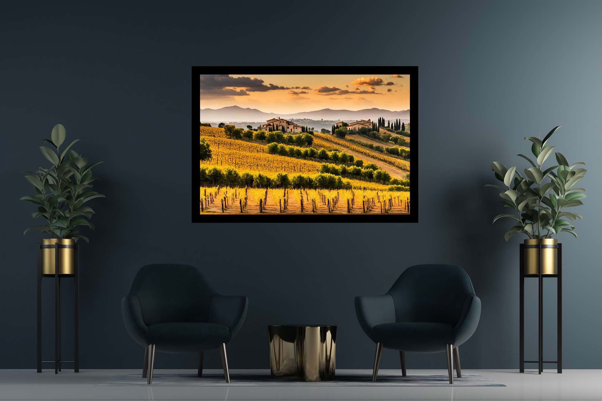 Meadow's breath silhouette: Serene landscape art with serene landscape imagery, in a room with artistic style, abstract paintings, and decorative pieces. The art can be printed on poster, framed poster, canvas, metal, acrylic or wood, exclusively at WallArtZen. Find this exact print at https://wallartzen.com/waz328
