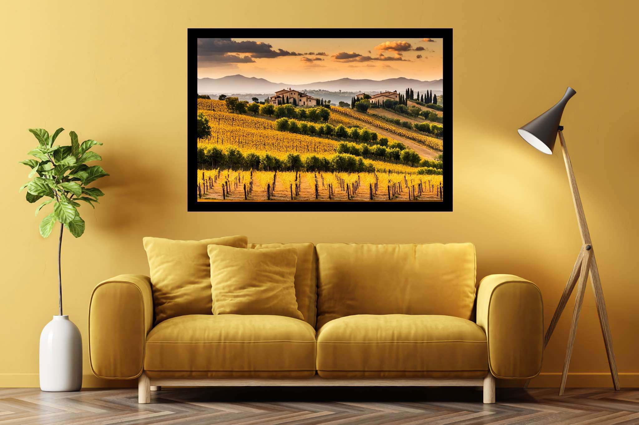 Meadow's breath silhouette: Serene landscape art with tranquil landscapes, in a room with contemporary flair, gallery-quality artwork, and home styling items. The art can be printed on poster, framed poster, canvas, metal, acrylic or wood, exclusively at WallArtZen. Find this exact print at https://wallartzen.com/waz328