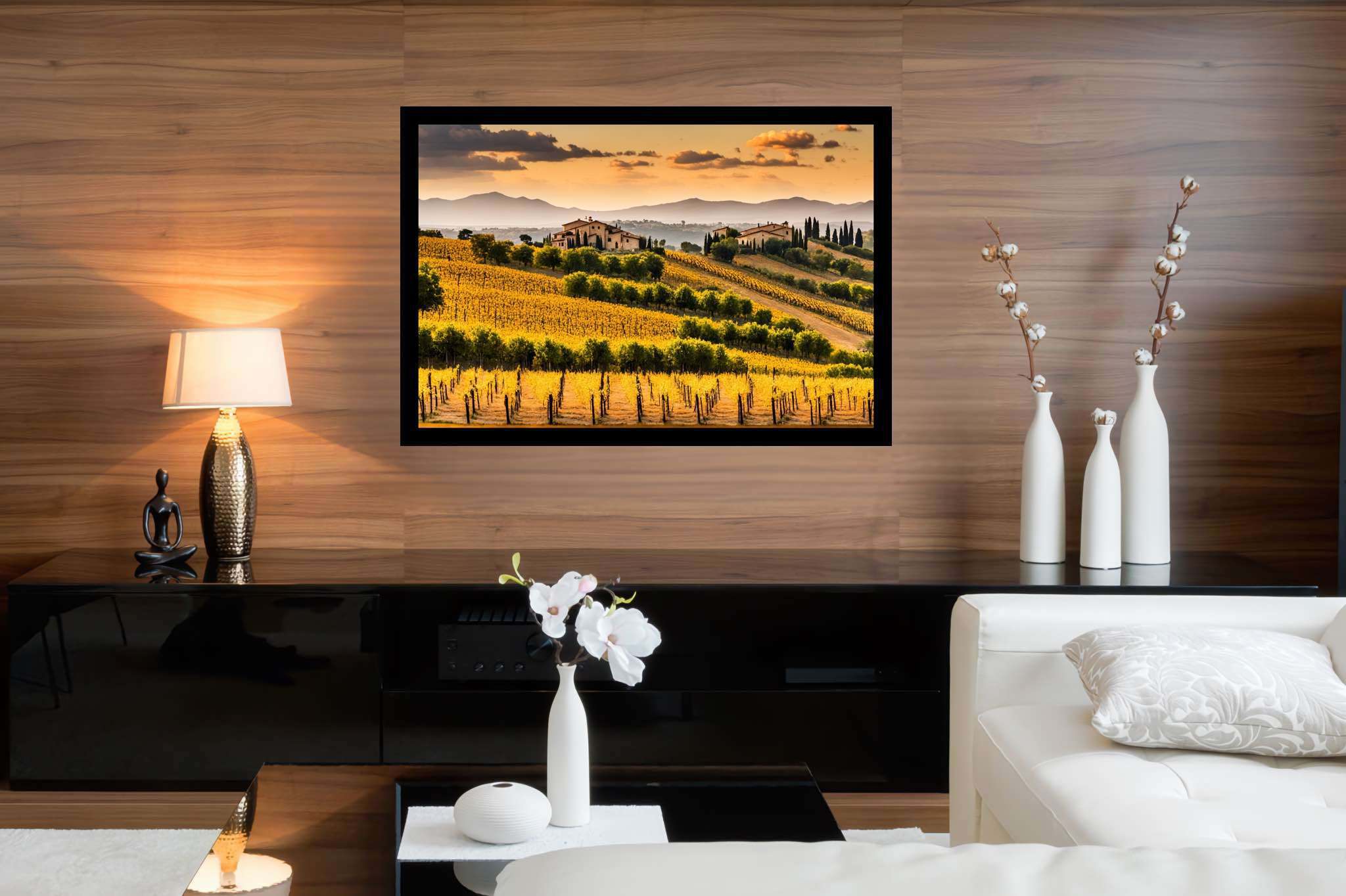 Meadow's breath silhouette: Serene landscape art with tranquil landscapes, in a room with urban design, mural artworks, and interior decorations. The art can be printed on poster, framed poster, canvas, metal, acrylic or wood, exclusively at WallArtZen. Find this exact print at https://wallartzen.com/waz328