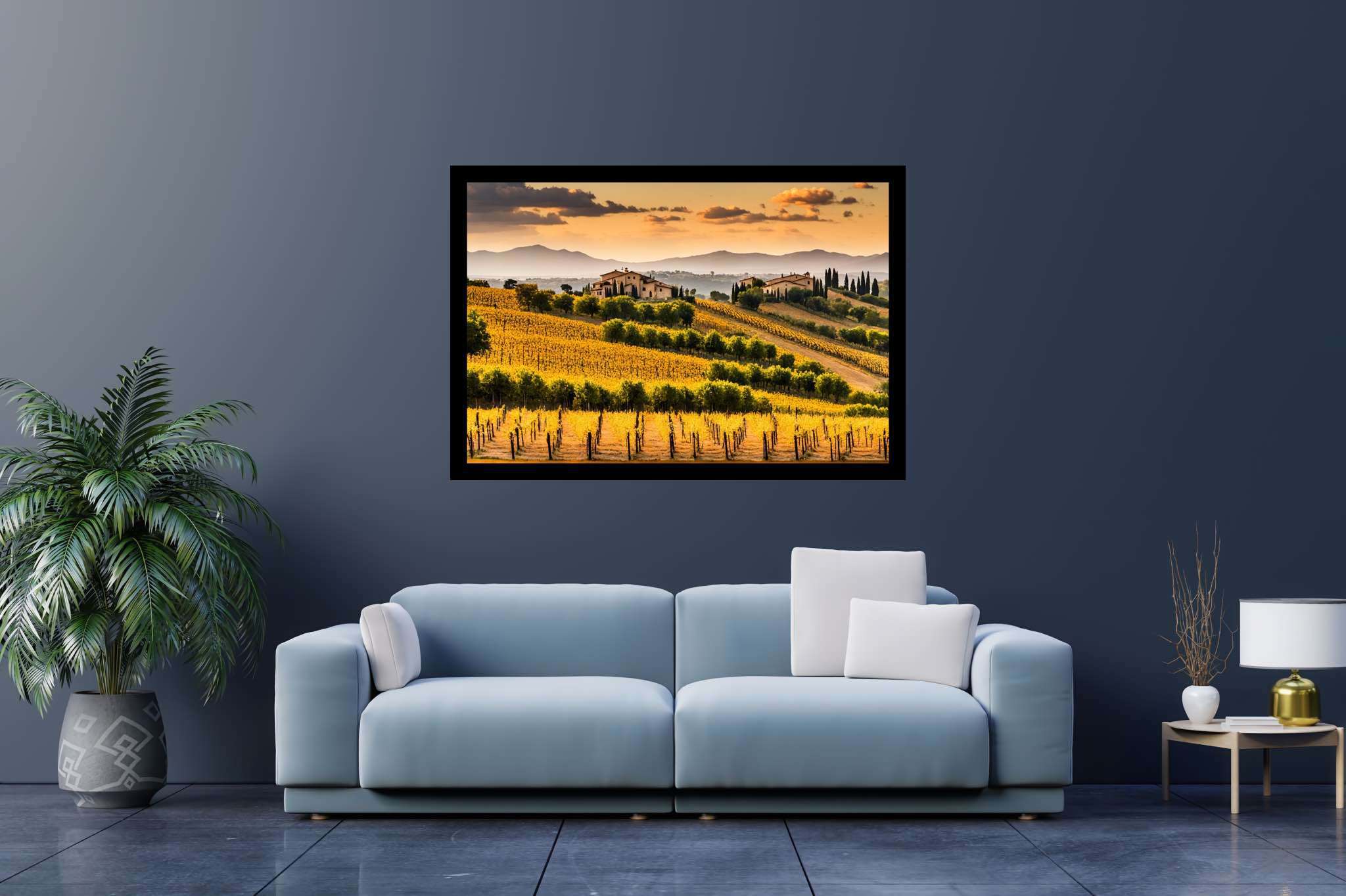 Meadow's breath silhouette: Serene landscape art with tranquil paintings, in a room with elegant layout, digital art pieces, and artisan decor. The art can be printed on poster, framed poster, canvas, metal, acrylic or wood, exclusively at WallArtZen. Find this exact print at https://wallartzen.com/waz328