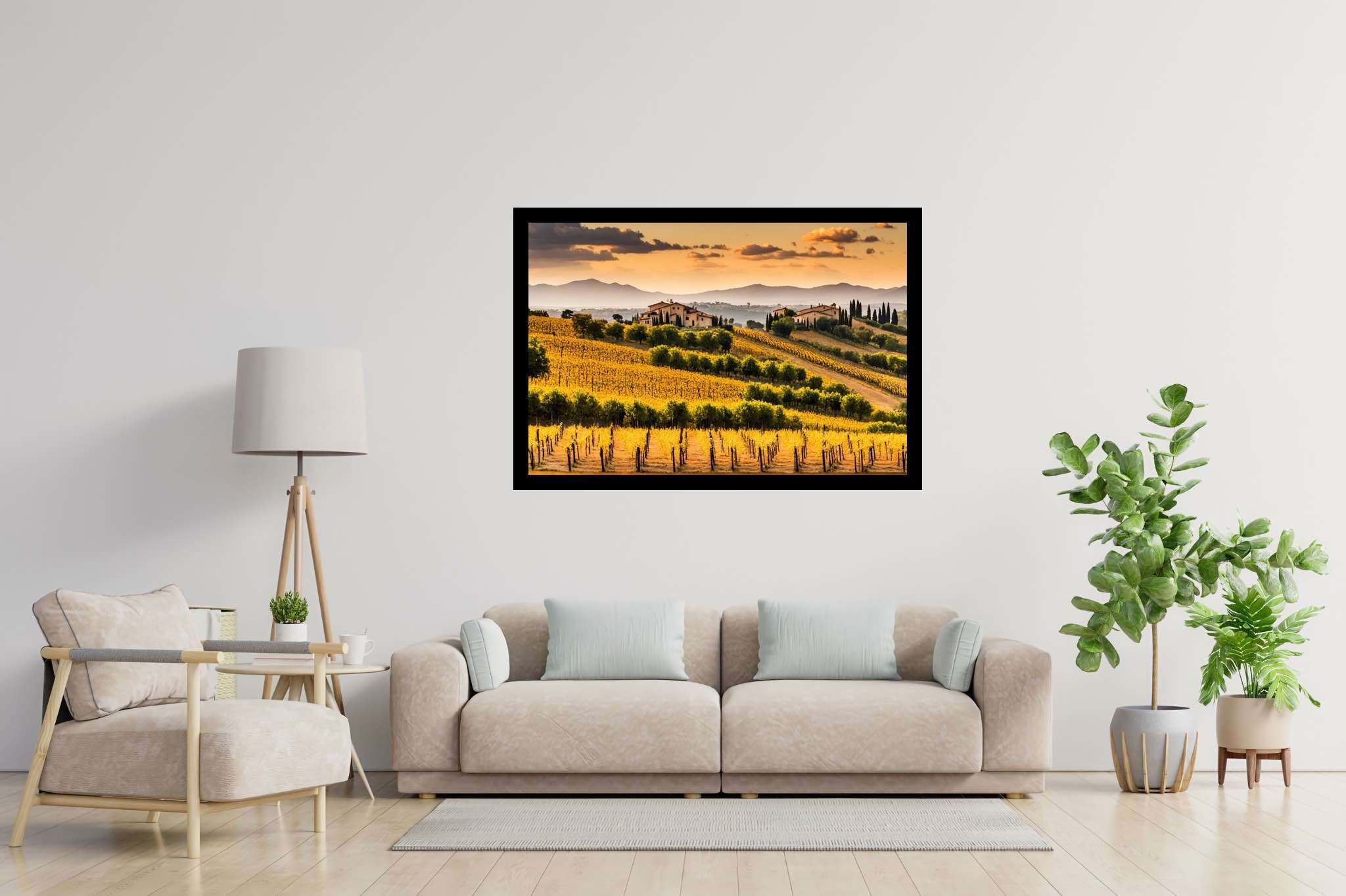 Meadow's breath silhouette: Serene landscape art with peaceful nature artwork, in a room with contemporary flair, wall art, and designer furniture. The art can be printed on poster, framed poster, canvas, metal, acrylic or wood, exclusively at WallArtZen. Find this exact print at https://wallartzen.com/waz328