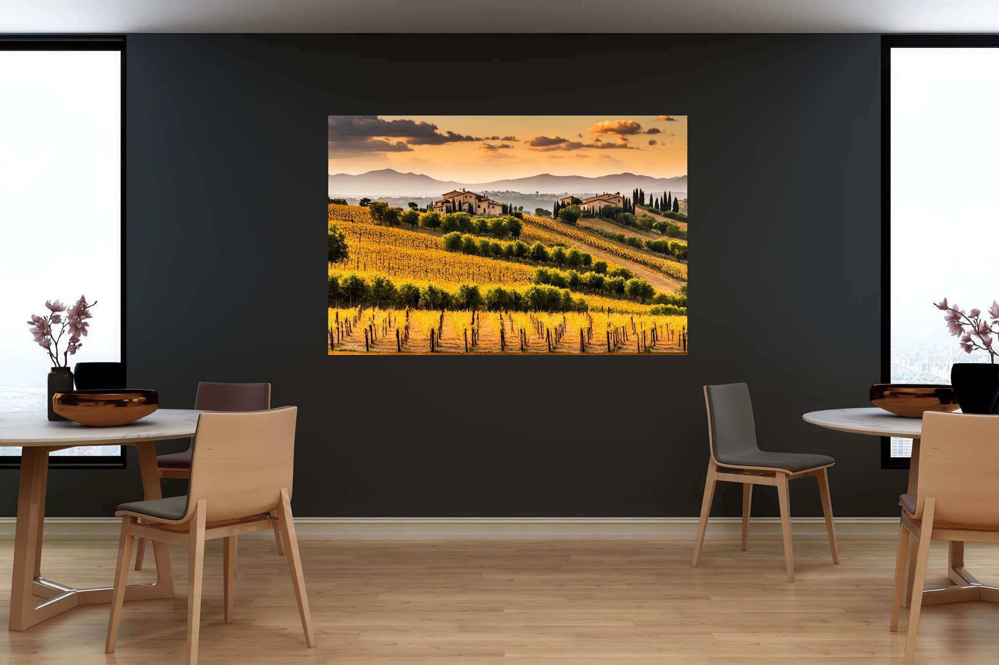 Meadow's breath silhouette: Serene landscape art with tranquil paintings, in a room with modern style, gallery-quality artwork, and decorative pieces. The art can be printed on poster, framed poster, canvas, metal, acrylic or wood, exclusively at WallArtZen. Find this exact print at https://wallartzen.com/waz328