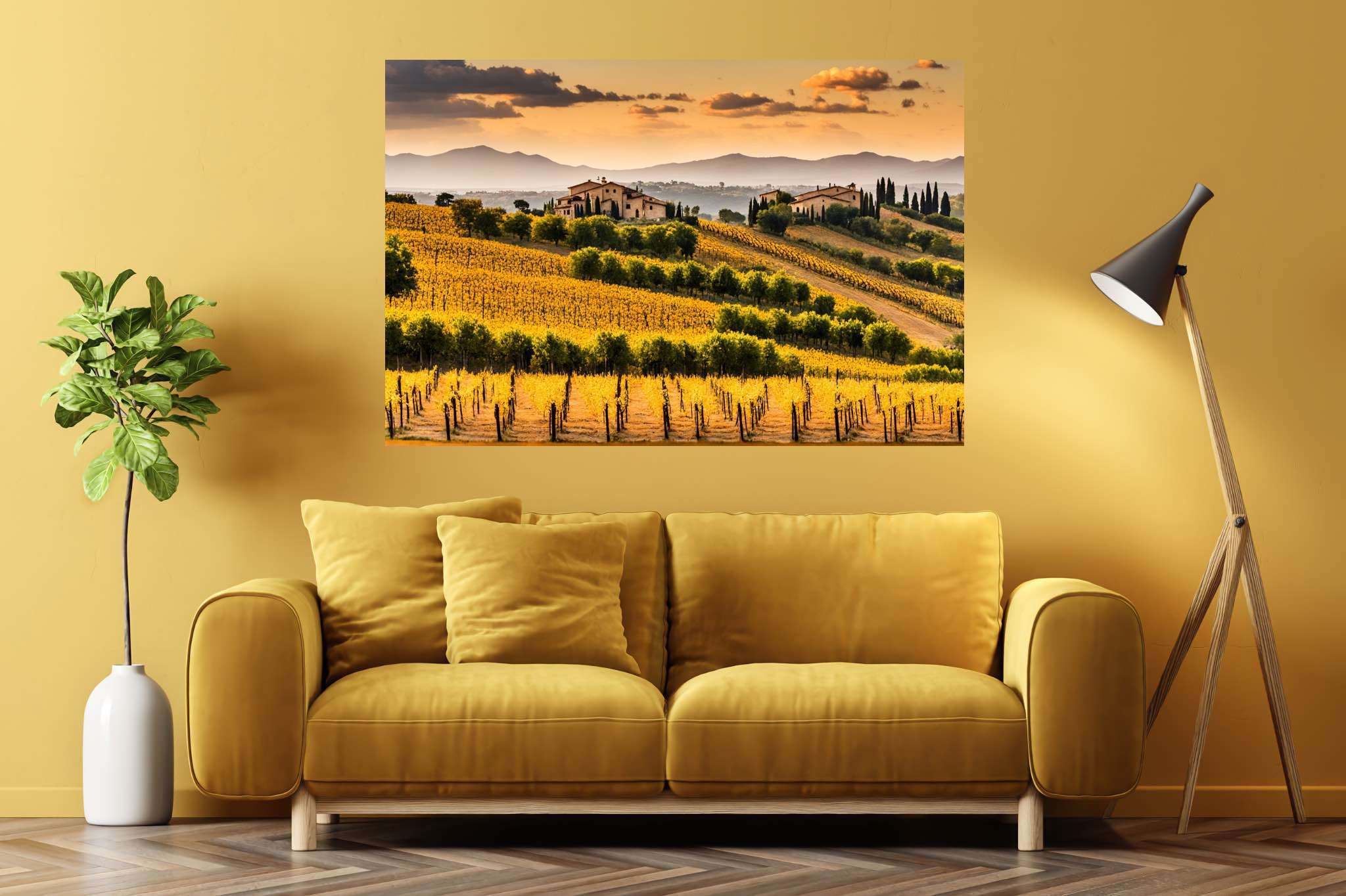 Meadow's breath silhouette: Serene landscape art with calming landscape paintings, in a room with classic elegance, wall hangings, and home furnishings. The art can be printed on poster, framed poster, canvas, metal, acrylic or wood, exclusively at WallArtZen. Find this exact print at https://wallartzen.com/waz328