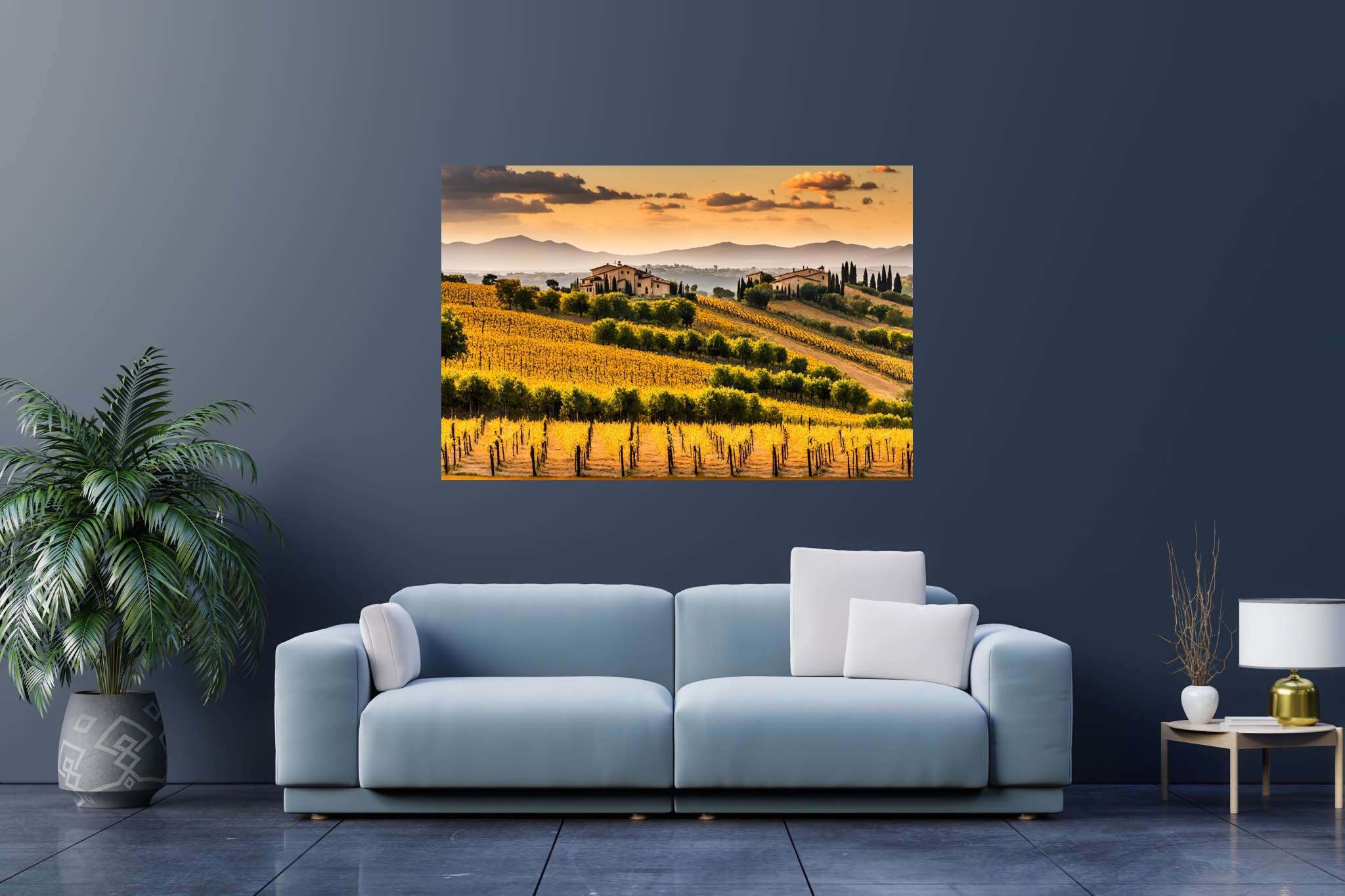 Meadow's breath silhouette: Serene landscape art with tranquil paintings, in a room with great design, canvas prints, and home furnishings. The art can be printed on poster, framed poster, canvas, metal, acrylic or wood, exclusively at WallArtZen. Find this exact print at https://wallartzen.com/waz328