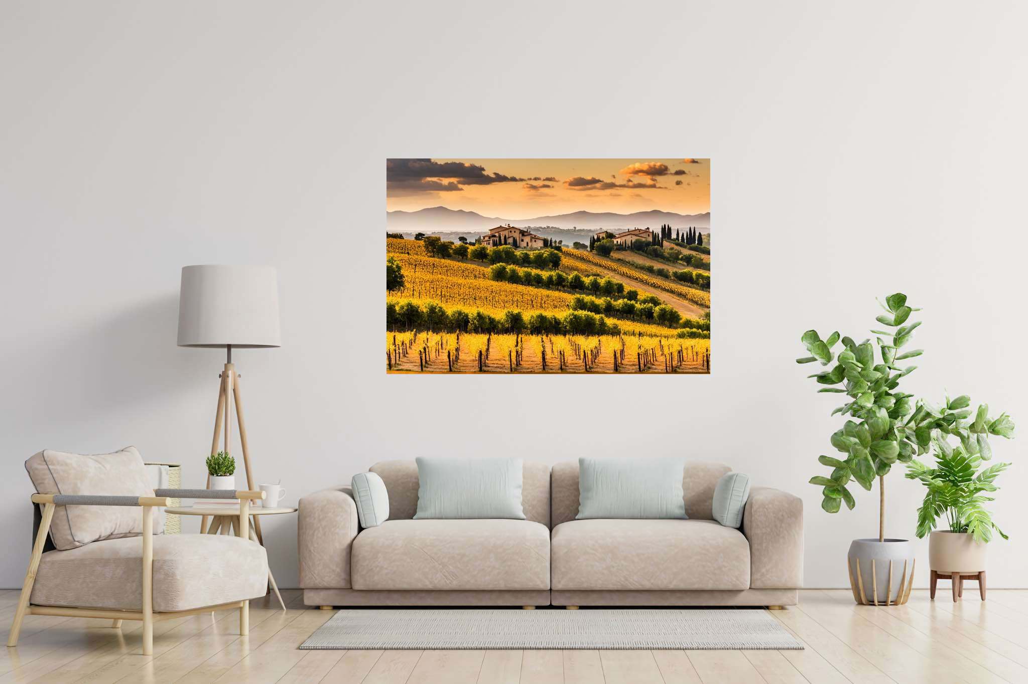 Meadow's breath silhouette: Serene landscape art with peaceful nature scenes, in a room with modern style, gallery-quality artwork, and home styling items. The art can be printed on poster, framed poster, canvas, metal, acrylic or wood, exclusively at WallArtZen. Find this exact print at https://wallartzen.com/waz328
