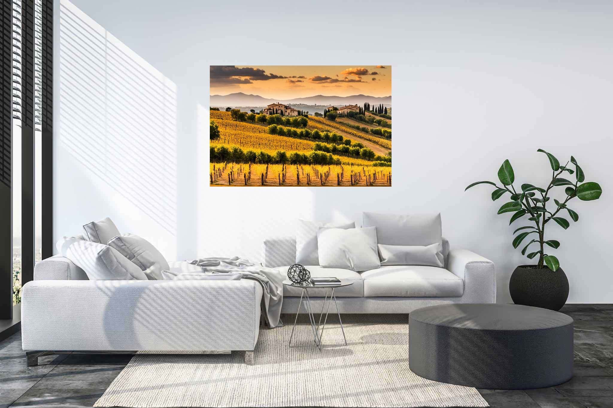 Meadow's breath silhouette: Serene landscape art with calming artwork, in a room with chic decor, digital art pieces, and stylish accessories. The art can be printed on poster, framed poster, canvas, metal, acrylic or wood, exclusively at WallArtZen. Find this exact print at https://wallartzen.com/waz328