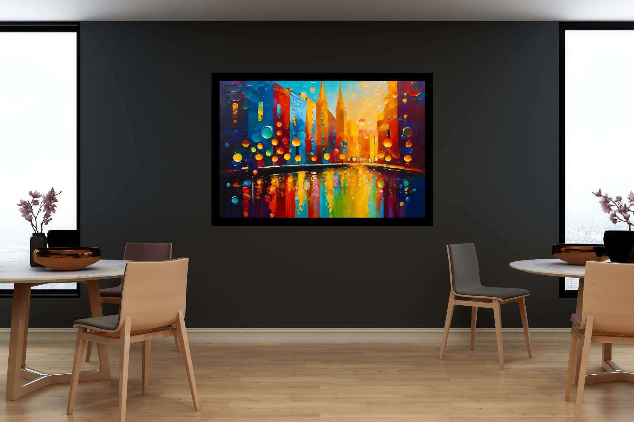 Midnight pulse unveiled: Cityscape art with cityscape photography, in a room with innovative layout, gallery-quality artwork, and elegant home goods. The art can be printed on poster, framed poster, canvas, metal, acrylic or wood, exclusively at WallArtZen. Find this exact print at https://wallartzen.com/waz329