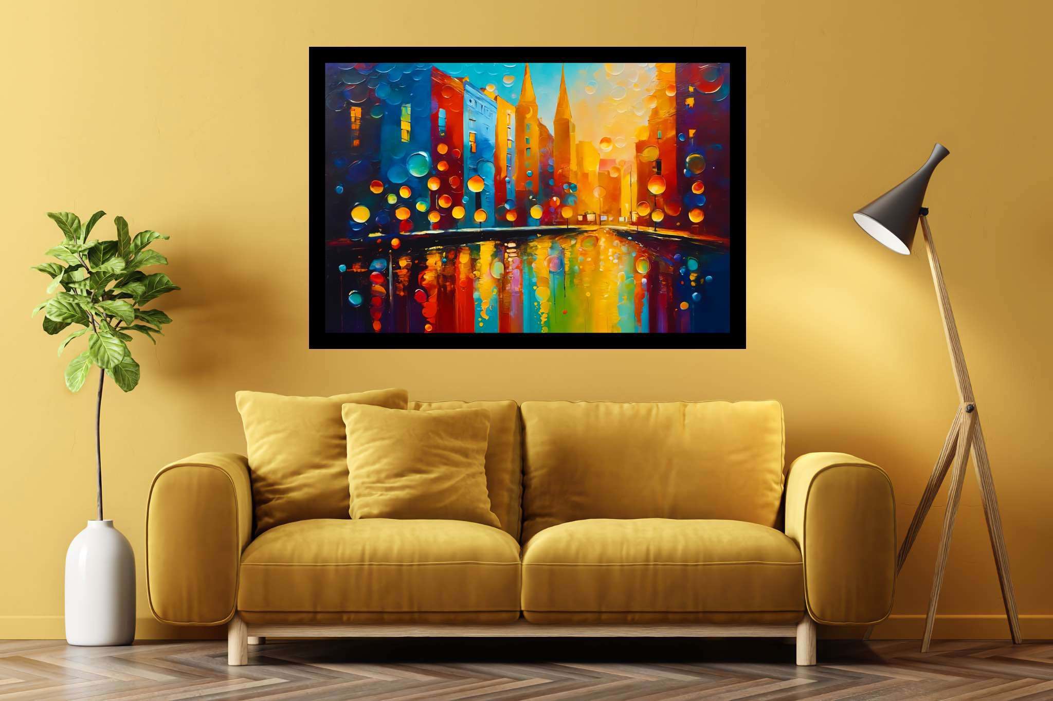 Midnight pulse unveiled: Cityscape art with cityscape drawing, in a room with elegant layout, bespoke art designs, and home styling items. The art can be printed on poster, framed poster, canvas, metal, acrylic or wood, exclusively at WallArtZen. Find this exact print at https://wallartzen.com/waz329