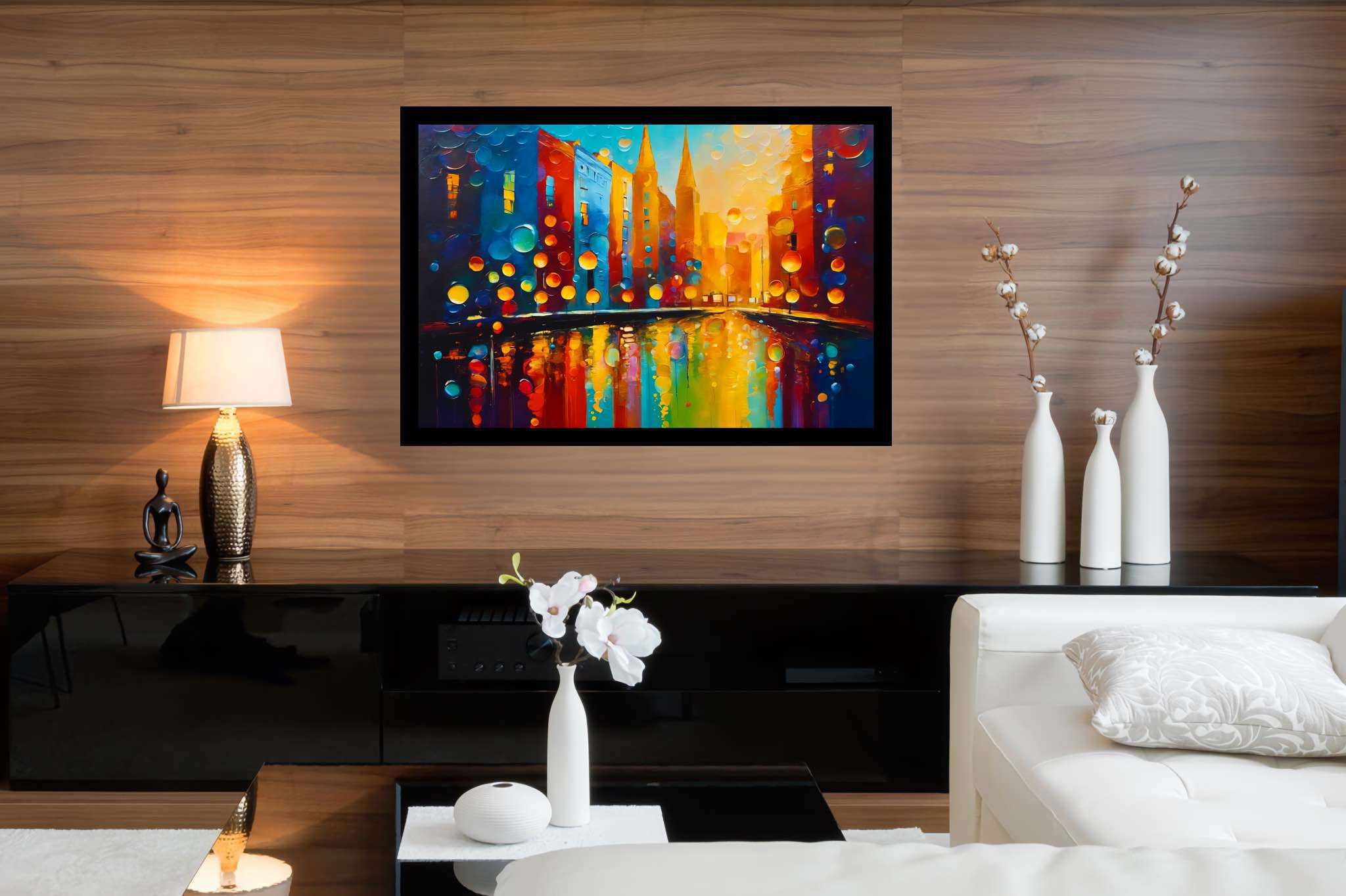 Midnight pulse unveiled: Cityscape art with cityscape canvas, in a room with contemporary flair, fine art prints, and home styling items. The art can be printed on poster, framed poster, canvas, metal, acrylic or wood, exclusively at WallArtZen. Find this exact print at https://wallartzen.com/waz329