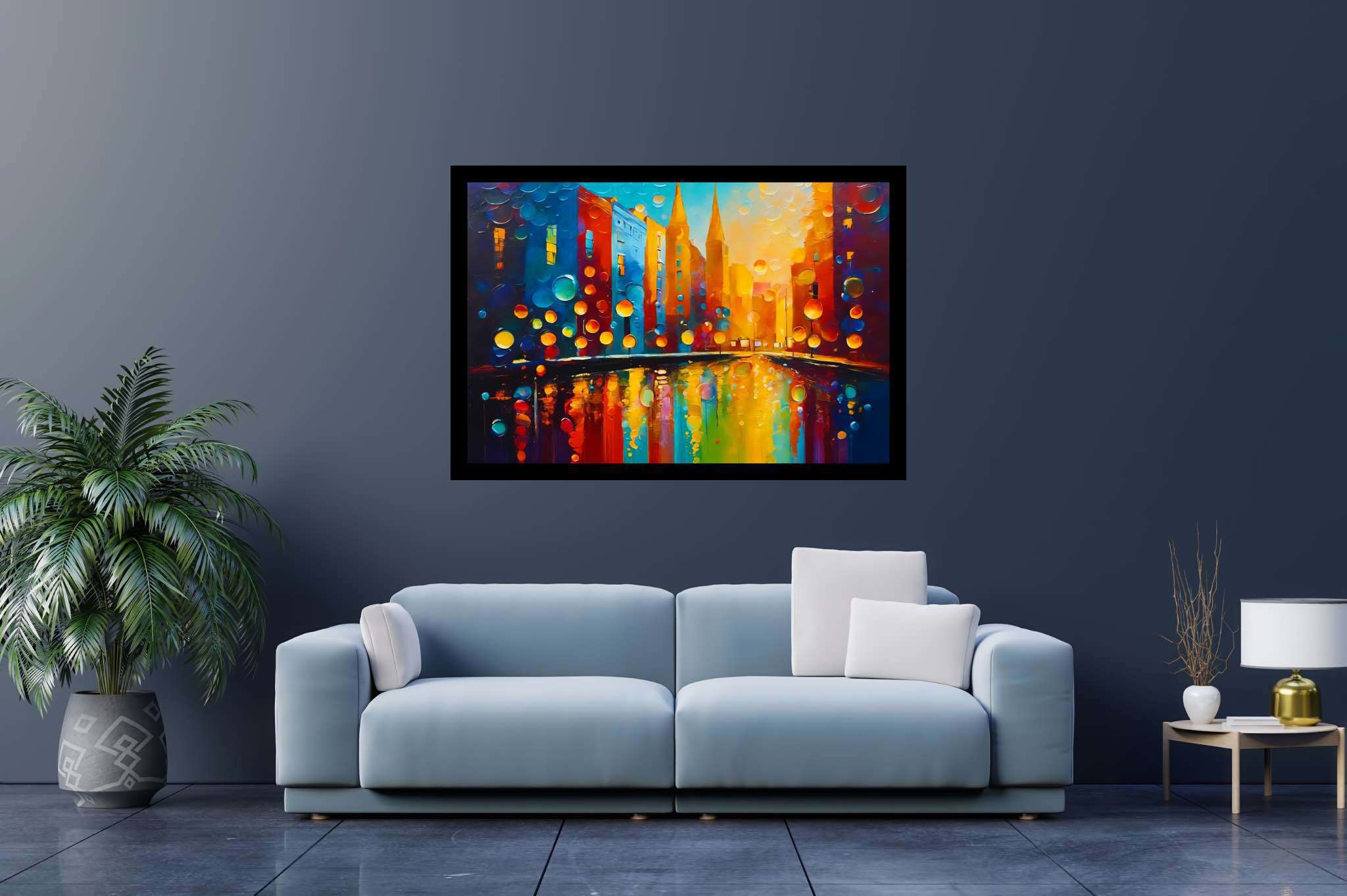 Midnight pulse unveiled: Cityscape art with skyscraper art, in a room with classic elegance, bespoke art designs, and elegant home goods. The art can be printed on poster, framed poster, canvas, metal, acrylic or wood, exclusively at WallArtZen. Find this exact print at https://wallartzen.com/waz329
