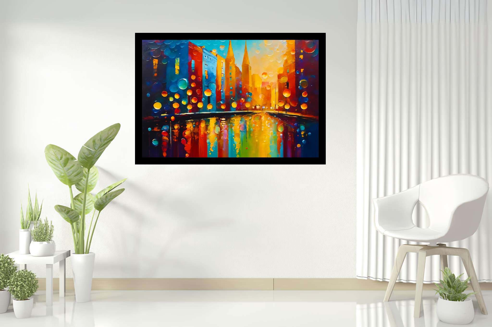 Midnight pulse unveiled: Cityscape art with cityscape art, in a room with chic decor, mural artworks, and decorative pieces. The art can be printed on poster, framed poster, canvas, metal, acrylic or wood, exclusively at WallArtZen. Find this exact print at https://wallartzen.com/waz329