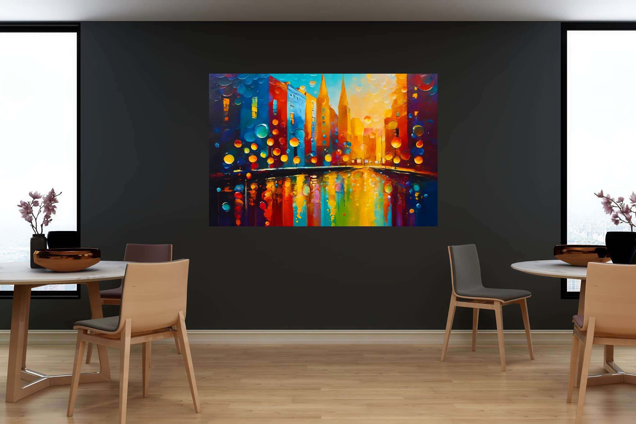 Midnight pulse unveiled: Cityscape art with cityscape artwork, in a room with elegant layout, framed art, and artisan decor. The art can be printed on poster, framed poster, canvas, metal, acrylic or wood, exclusively at WallArtZen. Find this exact print at https://wallartzen.com/waz329