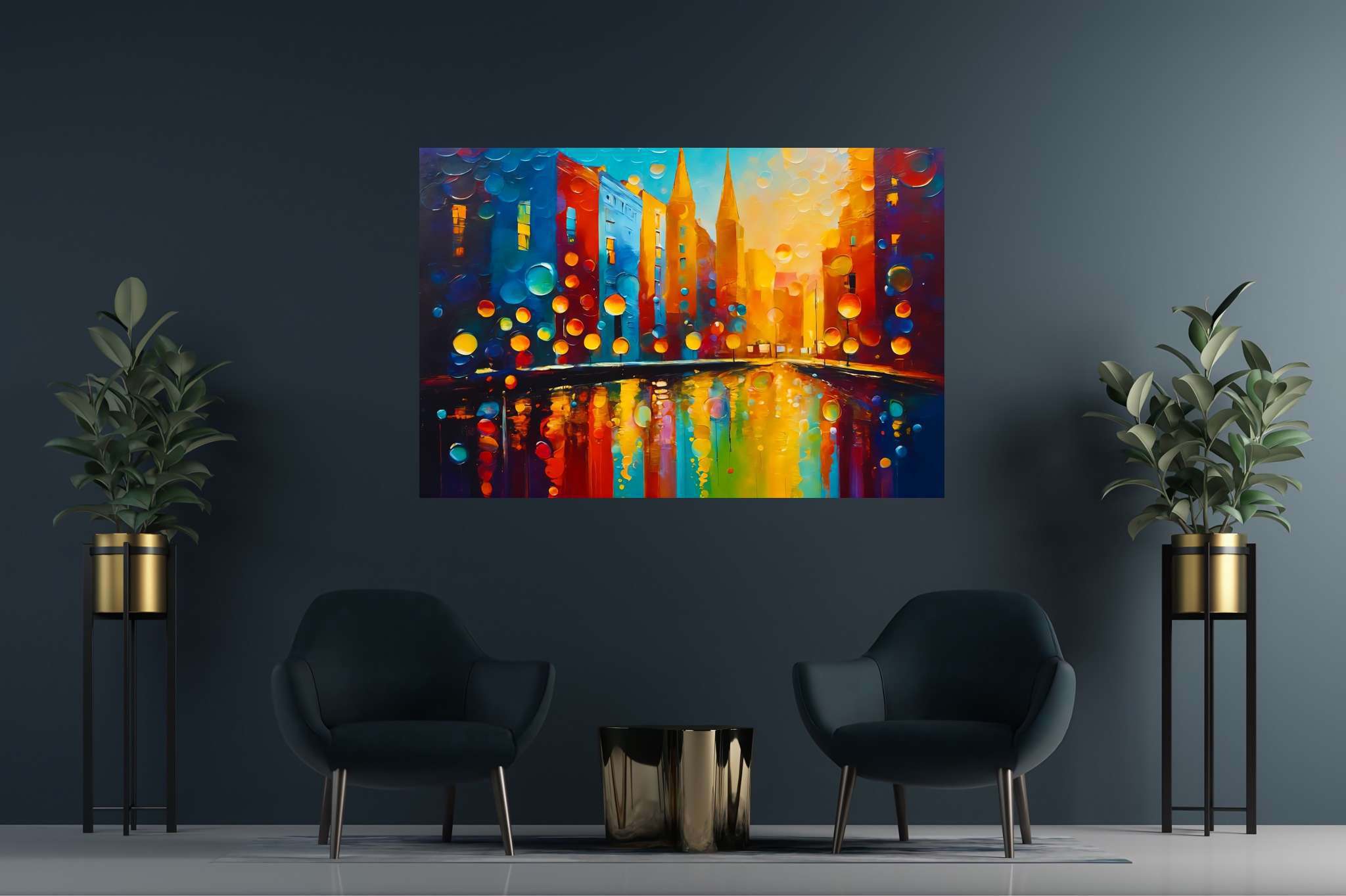 Midnight pulse unveiled: Cityscape art with cityscape drawing, in a room with classic elegance, photographic wall art, and designer furniture. The art can be printed on poster, framed poster, canvas, metal, acrylic or wood, exclusively at WallArtZen. Find this exact print at https://wallartzen.com/waz329