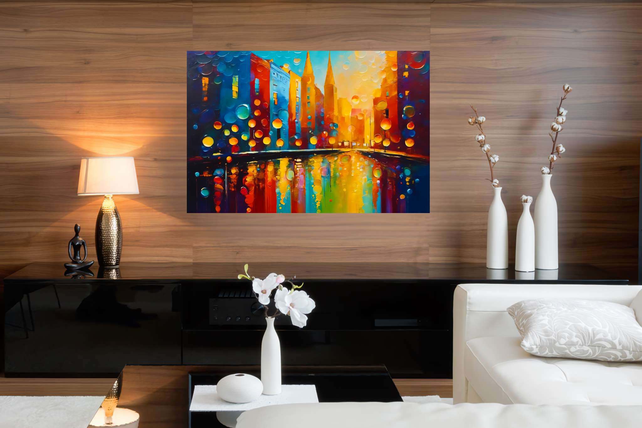 Midnight pulse unveiled: Cityscape art with urban landscape, in a room with modern style, framed art, and home styling items. The art can be printed on poster, framed poster, canvas, metal, acrylic or wood, exclusively at WallArtZen. Find this exact print at https://wallartzen.com/waz329