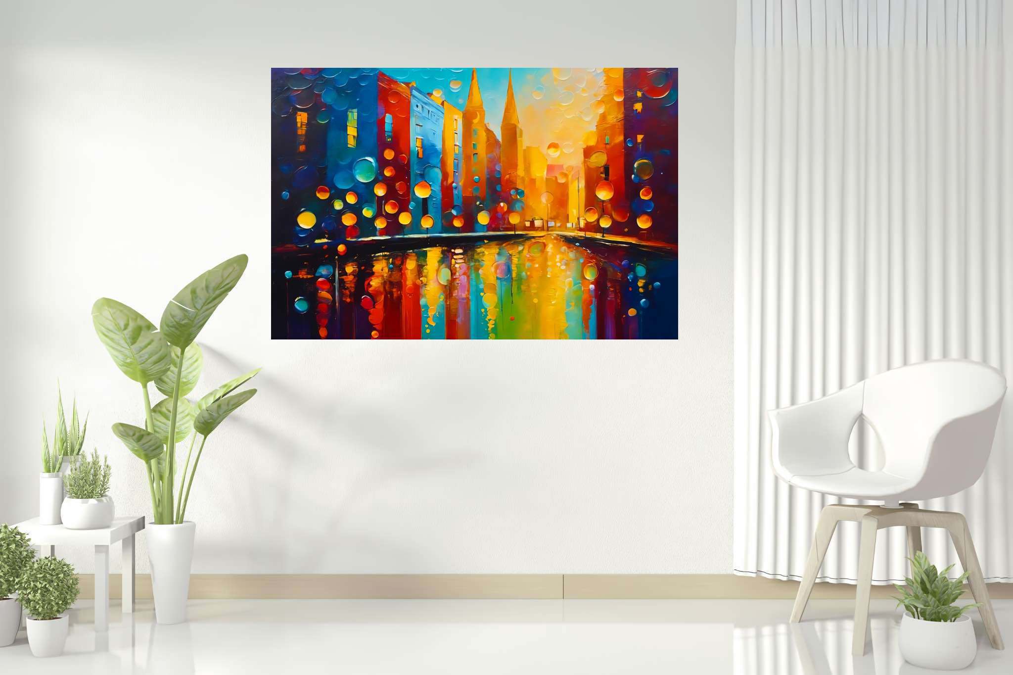 Midnight pulse unveiled: Cityscape art with cityscape poster, in a room with artistic style, wall hangings, and elegant home goods. The art can be printed on poster, framed poster, canvas, metal, acrylic or wood, exclusively at WallArtZen. Find this exact print at https://wallartzen.com/waz329