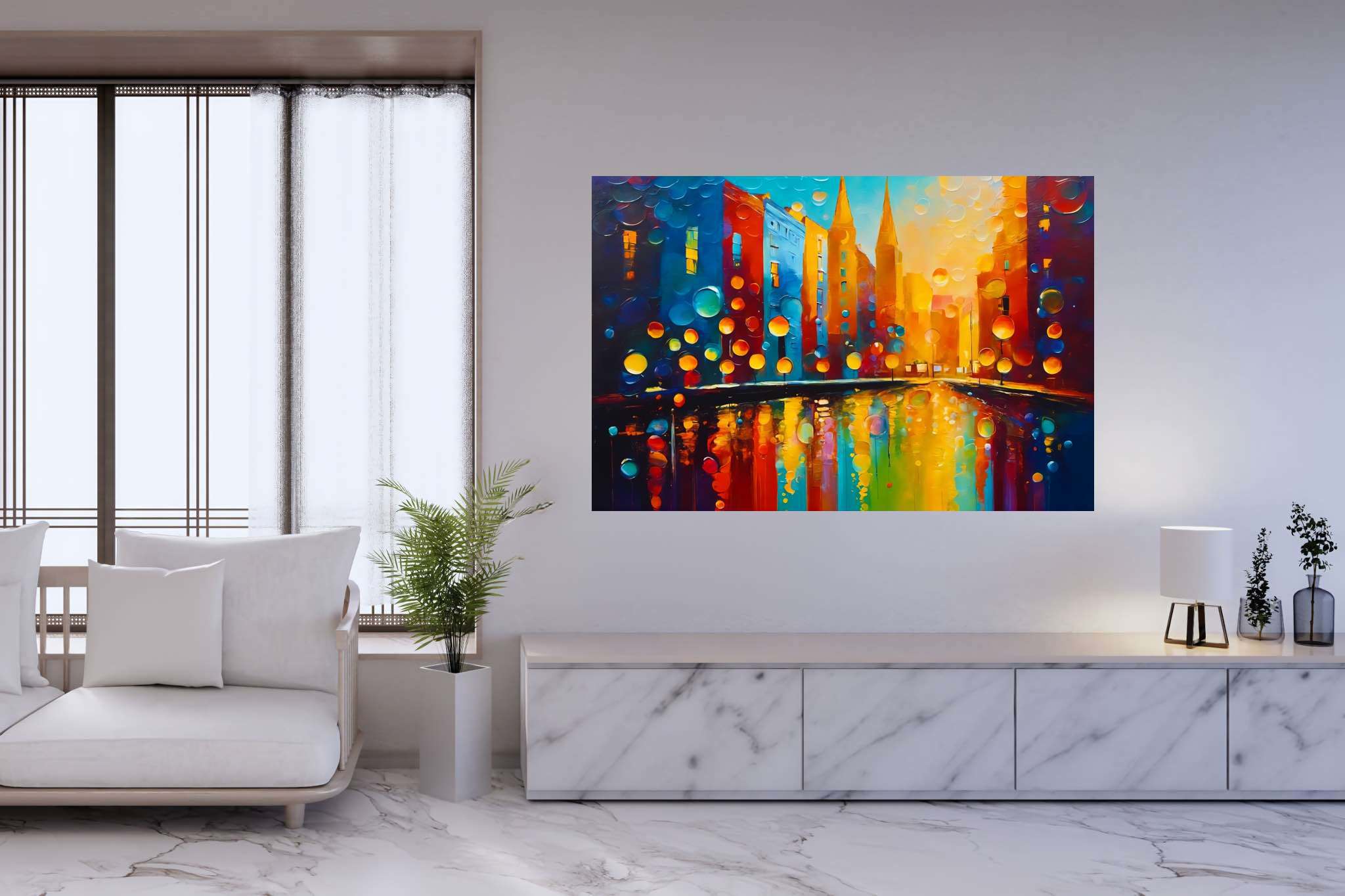 Midnight pulse unveiled: Cityscape art with cityscape canvas, in a room with urban design, fine art prints, and stylish accessories. The art can be printed on poster, framed poster, canvas, metal, acrylic or wood, exclusively at WallArtZen. Find this exact print at https://wallartzen.com/waz329