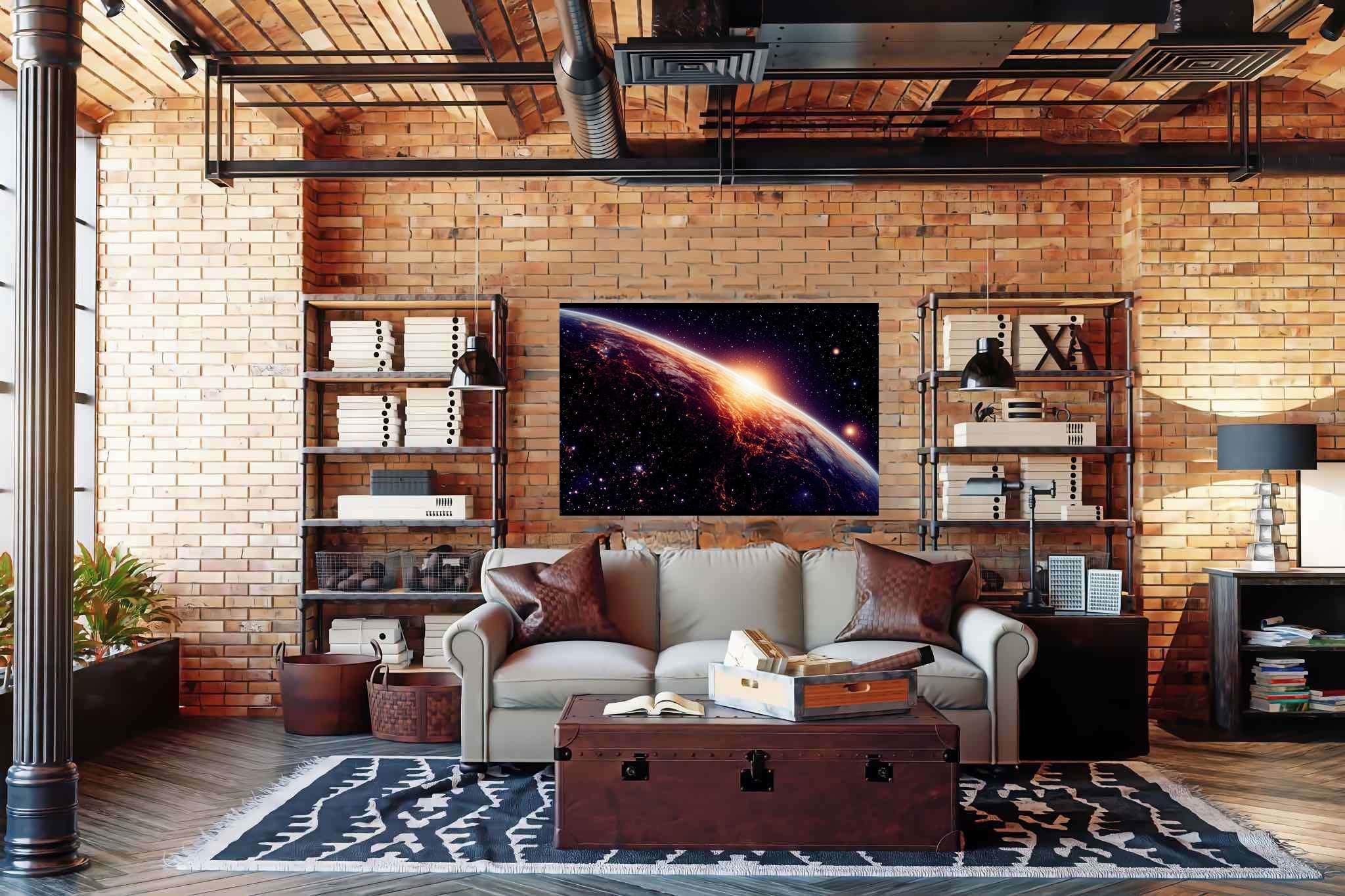 Aurora celestia: Celestial art with celestial themes, in a room with artistic style, wall art, and designer furniture. The art can be printed on poster, framed poster, canvas, metal, acrylic or wood, exclusively at WallArtZen. Find this exact print at https://wallartzen.com/waz32
