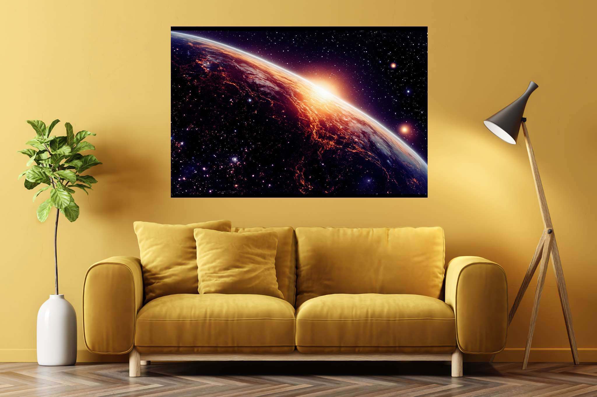 Aurora celestia: Celestial art with cosmic art, in a room with contemporary flair, bespoke art designs, and stylish accessories. The art can be printed on poster, framed poster, canvas, metal, acrylic or wood, exclusively at WallArtZen. Find this exact print at https://wallartzen.com/waz32