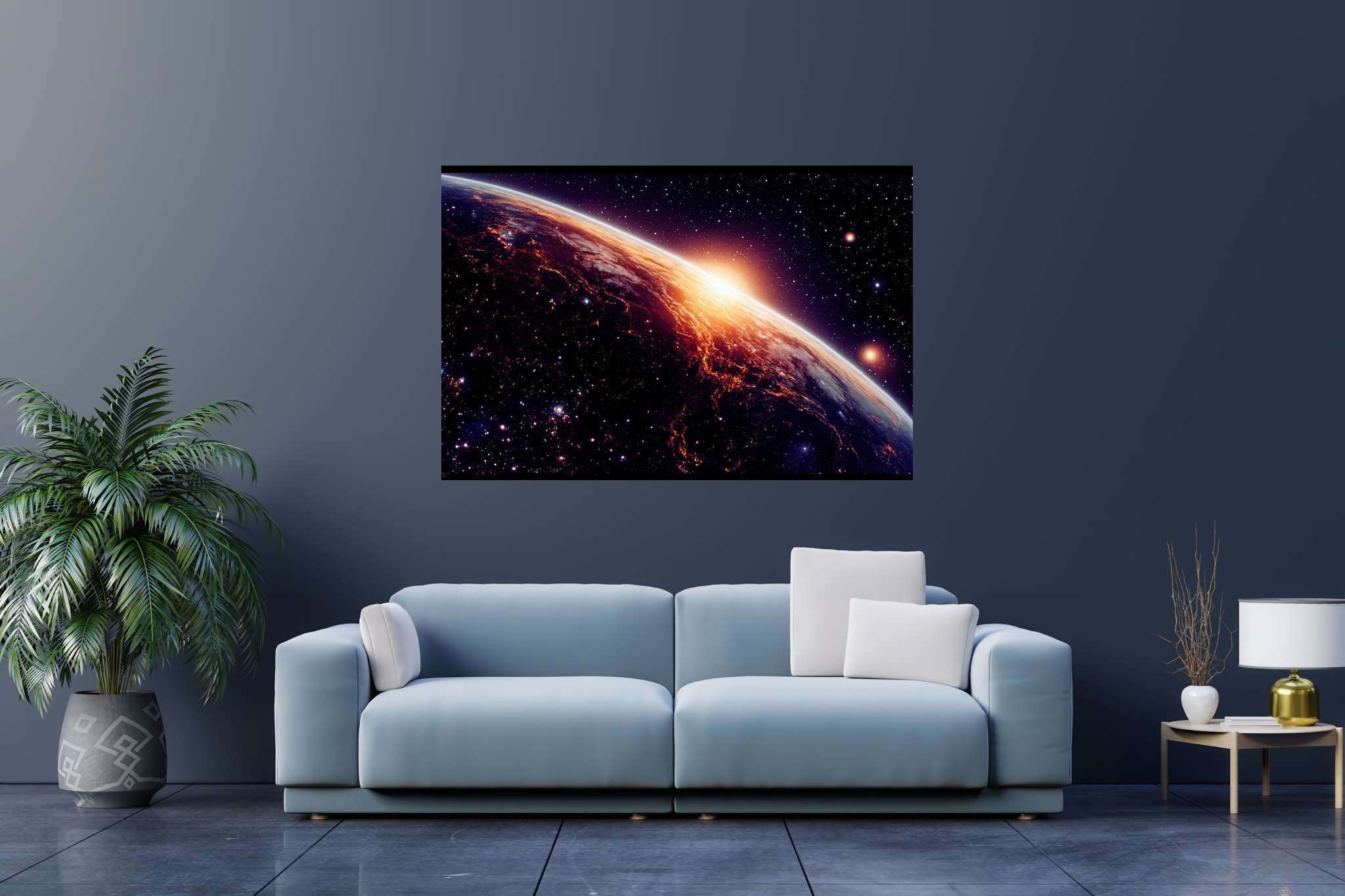 Aurora celestia: Celestial art with celestial themes, in a room with contemporary flair, mural artworks, and interior decorations. The art can be printed on poster, framed poster, canvas, metal, acrylic or wood, exclusively at WallArtZen. Find this exact print at https://wallartzen.com/waz32