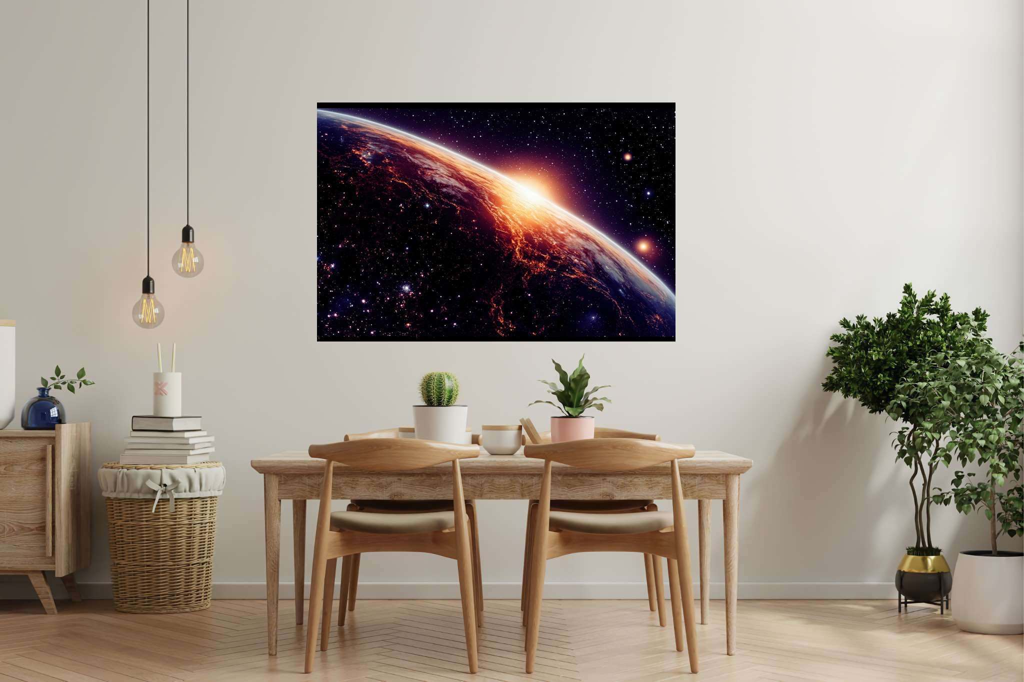 Aurora celestia: Celestial art with celestial-inspired art, in a room with modern style, gallery-quality artwork, and luxe decor. The art can be printed on poster, framed poster, canvas, metal, acrylic or wood, exclusively at WallArtZen. Find this exact print at https://wallartzen.com/waz32