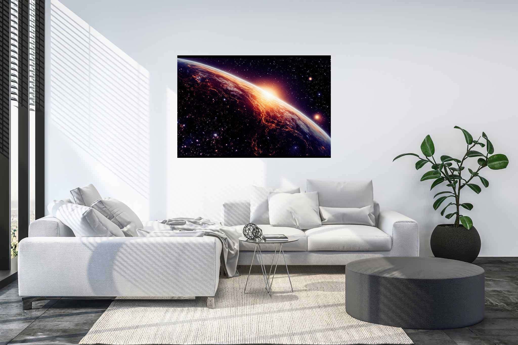 Aurora celestia: Celestial art with celestial artwork, in a room with elegant layout, wall art, and artisan decor. The art can be printed on poster, framed poster, canvas, metal, acrylic or wood, exclusively at WallArtZen. Find this exact print at https://wallartzen.com/waz32