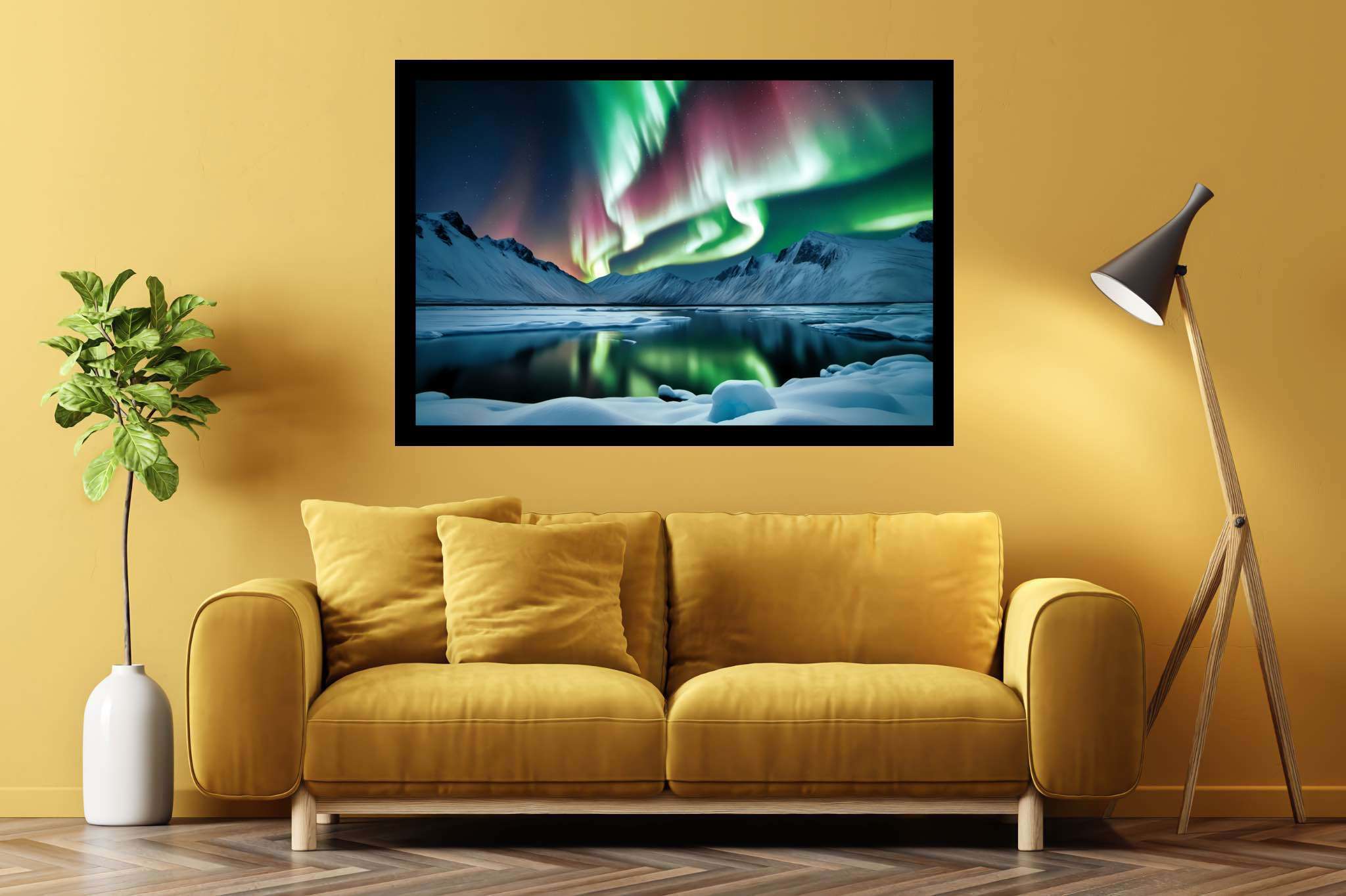 Aurora's enchanted mirror: Aurora art with aurora borealis, in a room with classic elegance, fine art prints, and interior decorations. The art can be printed on poster, framed poster, canvas, metal, acrylic or wood, exclusively at WallArtZen. Find this exact print at https://wallartzen.com/waz33