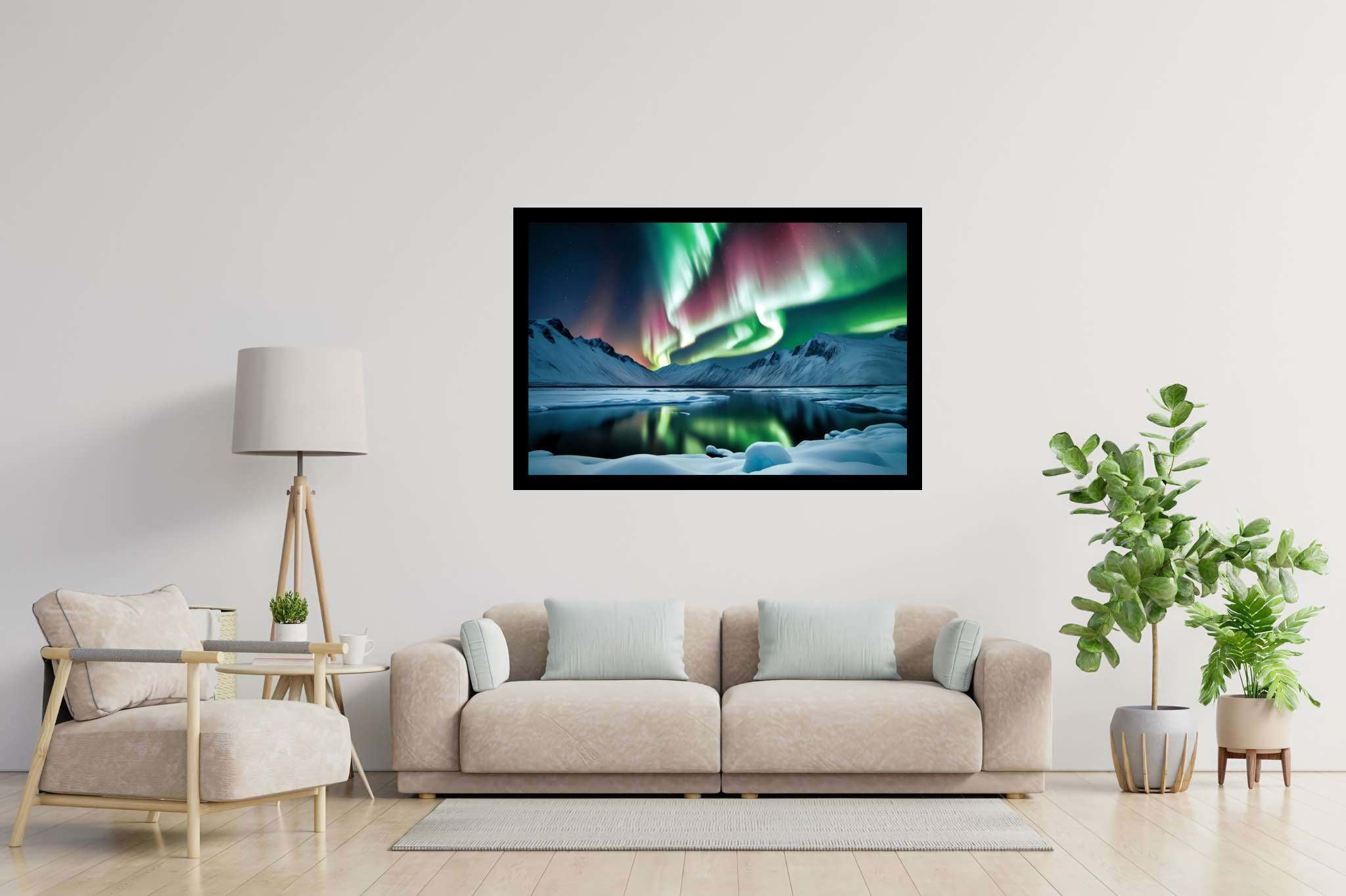Aurora's enchanted mirror: Aurora art with mystical paintings, in a room with contemporary flair, mural artworks, and interior decorations. The art can be printed on poster, framed poster, canvas, metal, acrylic or wood, exclusively at WallArtZen. Find this exact print at https://wallartzen.com/waz33