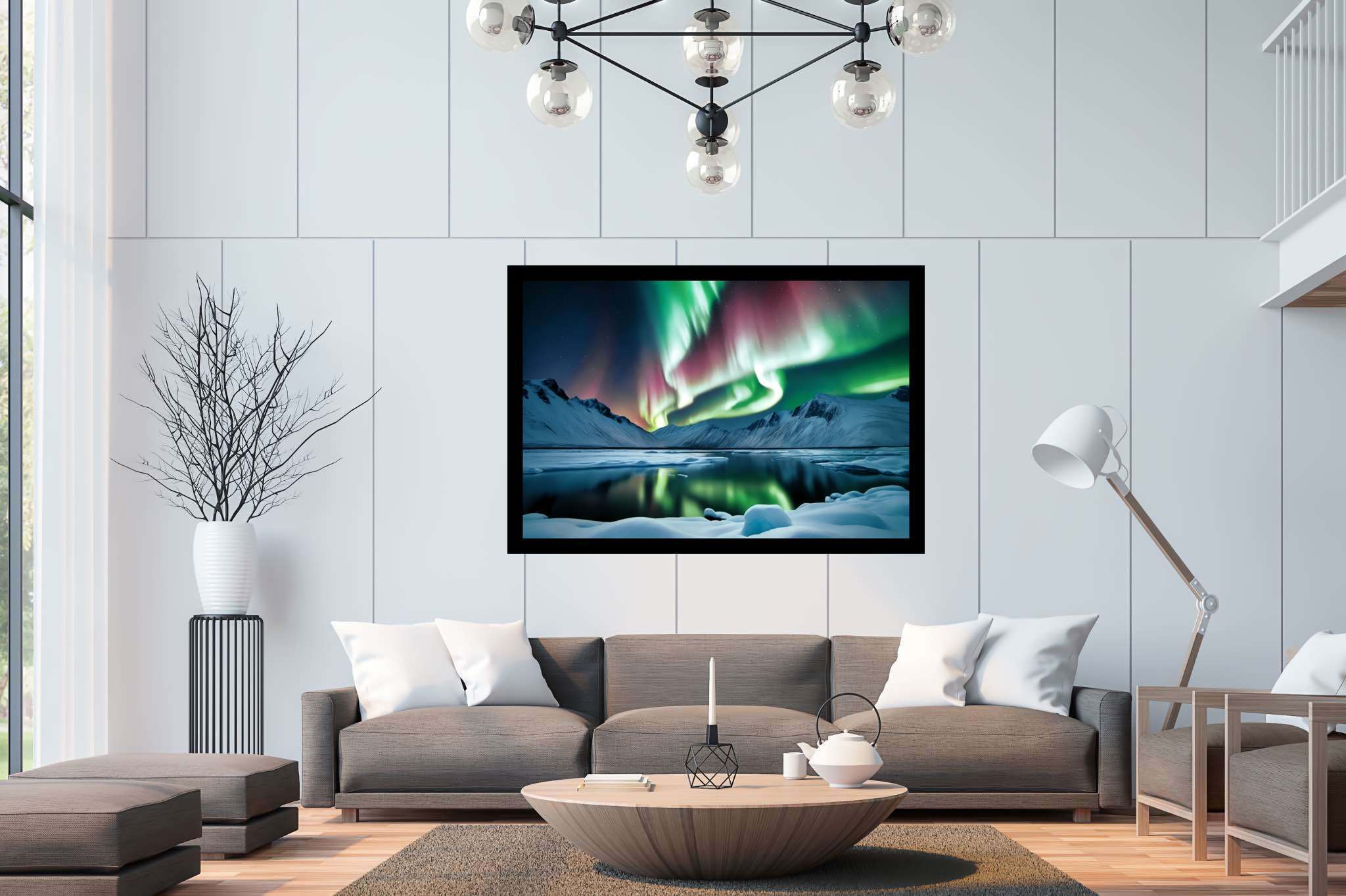 Aurora's enchanted mirror: Aurora art with cosmic creations, in a room with great design, mural artworks, and trendy home accents. The art can be printed on poster, framed poster, canvas, metal, acrylic or wood, exclusively at WallArtZen. Find this exact print at https://wallartzen.com/waz33
