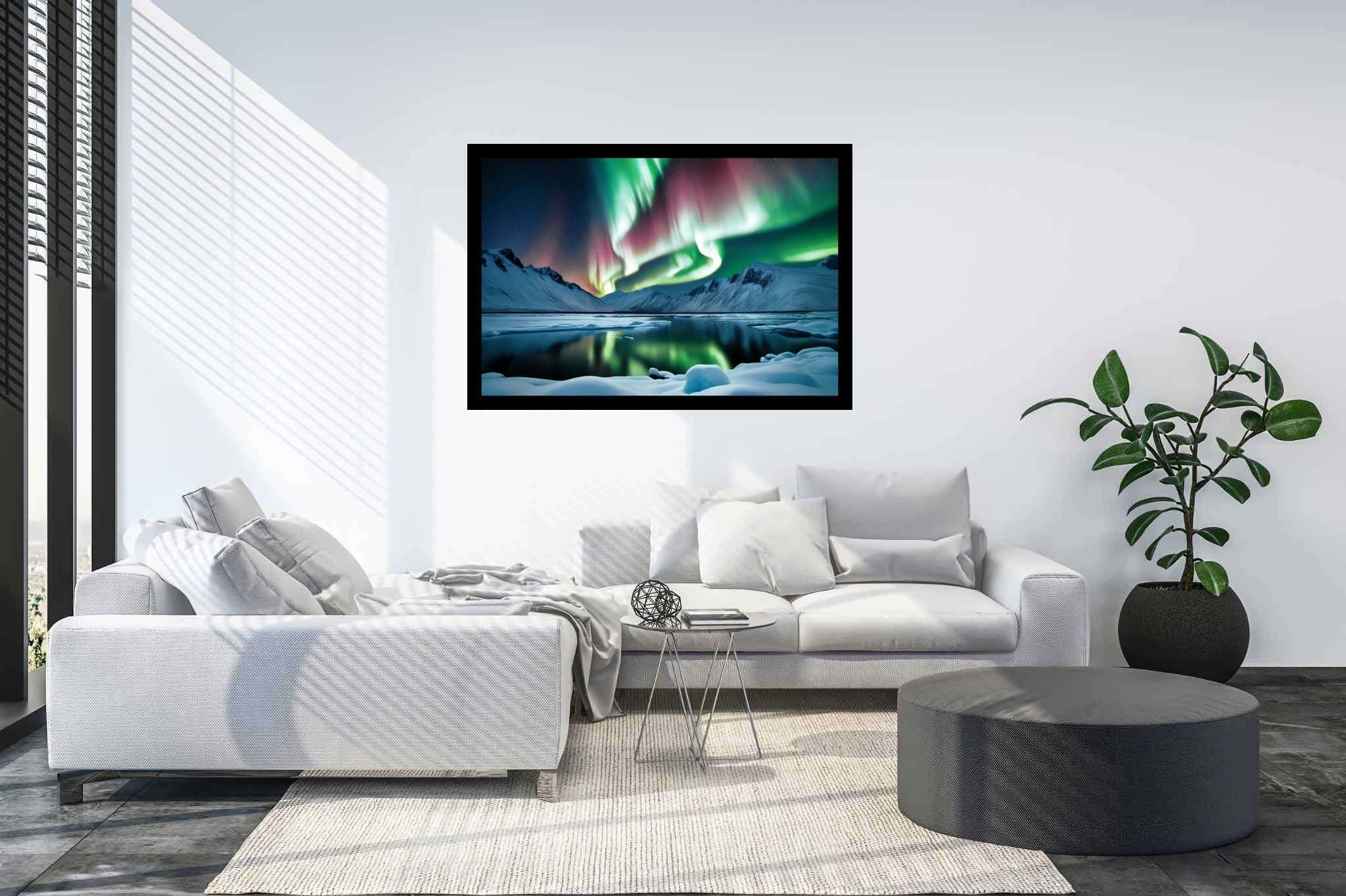 Aurora's enchanted mirror: Aurora art with celestial paintings, in a room with elegant layout, abstract paintings, and interior decorations. The art can be printed on poster, framed poster, canvas, metal, acrylic or wood, exclusively at WallArtZen. Find this exact print at https://wallartzen.com/waz33
