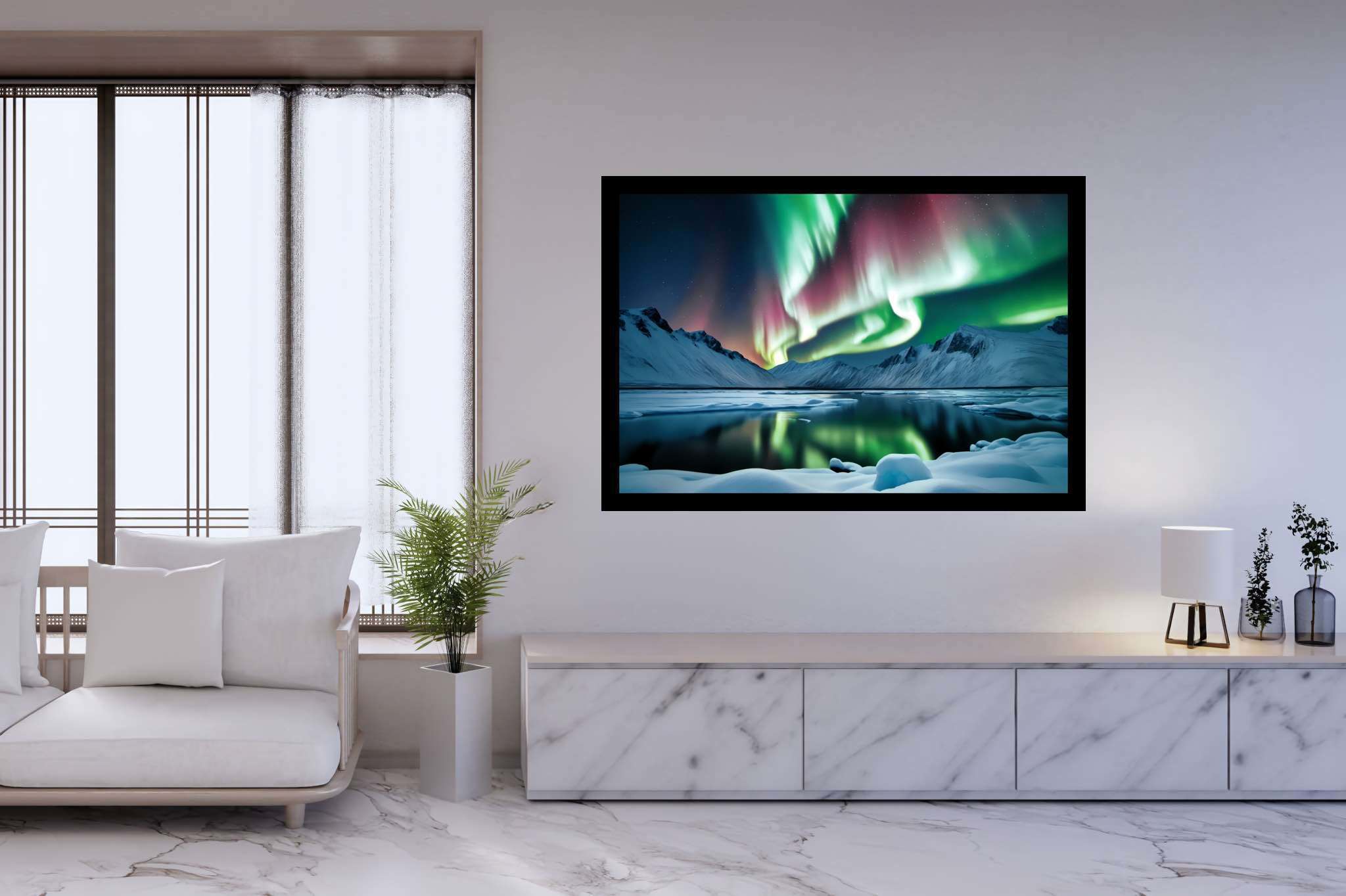 Aurora's enchanted mirror: Aurora art with cosmic creations, in a room with great design, photographic wall art, and artisan decor. The art can be printed on poster, framed poster, canvas, metal, acrylic or wood, exclusively at WallArtZen. Find this exact print at https://wallartzen.com/waz33