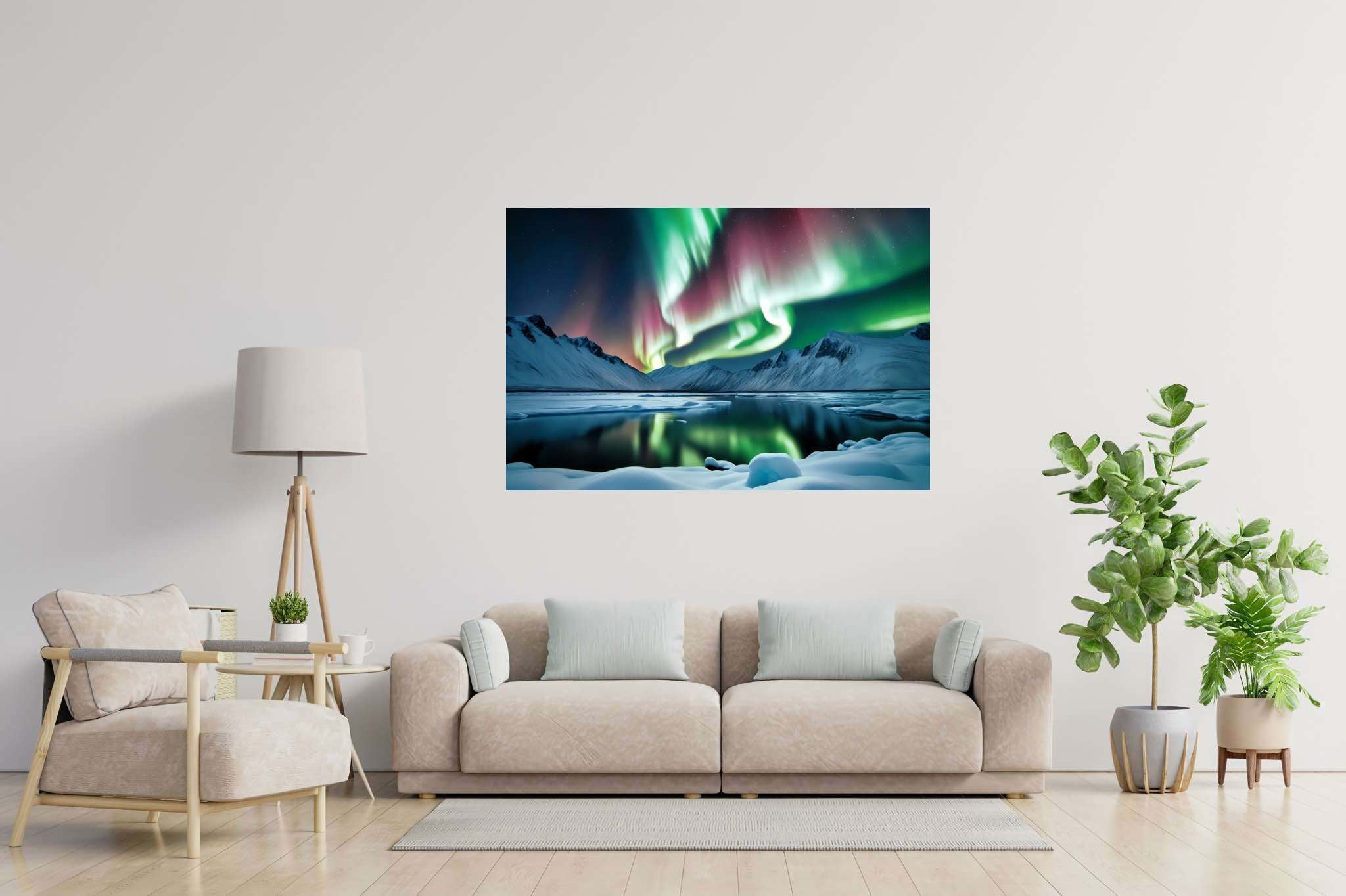 Aurora's enchanted mirror: Aurora art with celestial paintings, in a room with urban design, wall art, and artisan decor. The art can be printed on poster, framed poster, canvas, metal, acrylic or wood, exclusively at WallArtZen. Find this exact print at https://wallartzen.com/waz33