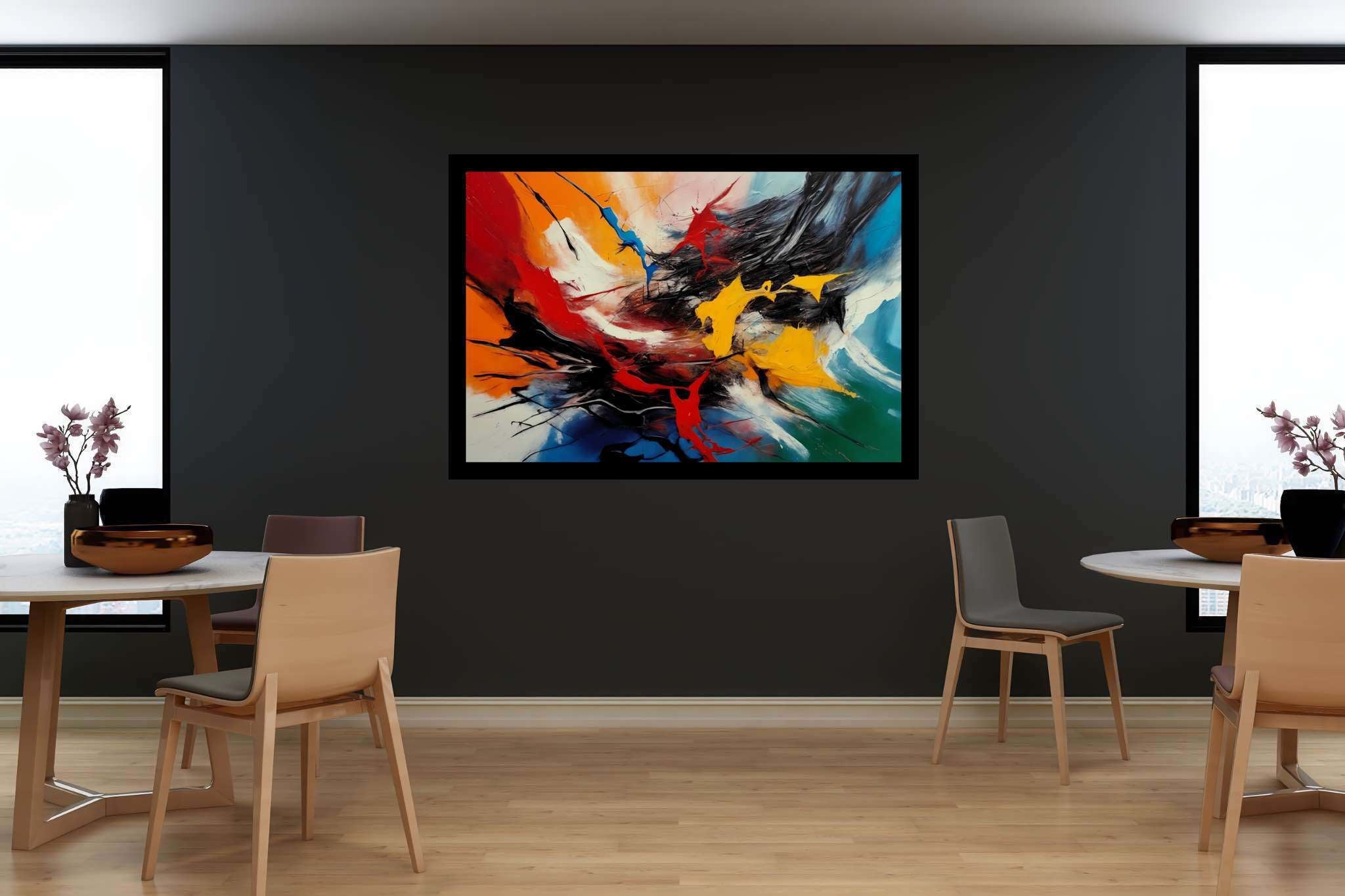 Chromatic symphony: Vibrant art with expressive, in a room with modern style, bespoke art designs, and home styling items. The art can be printed on poster, framed poster, canvas, metal, acrylic or wood, exclusively at WallArtZen. Find this exact print at https://wallartzen.com/waz34