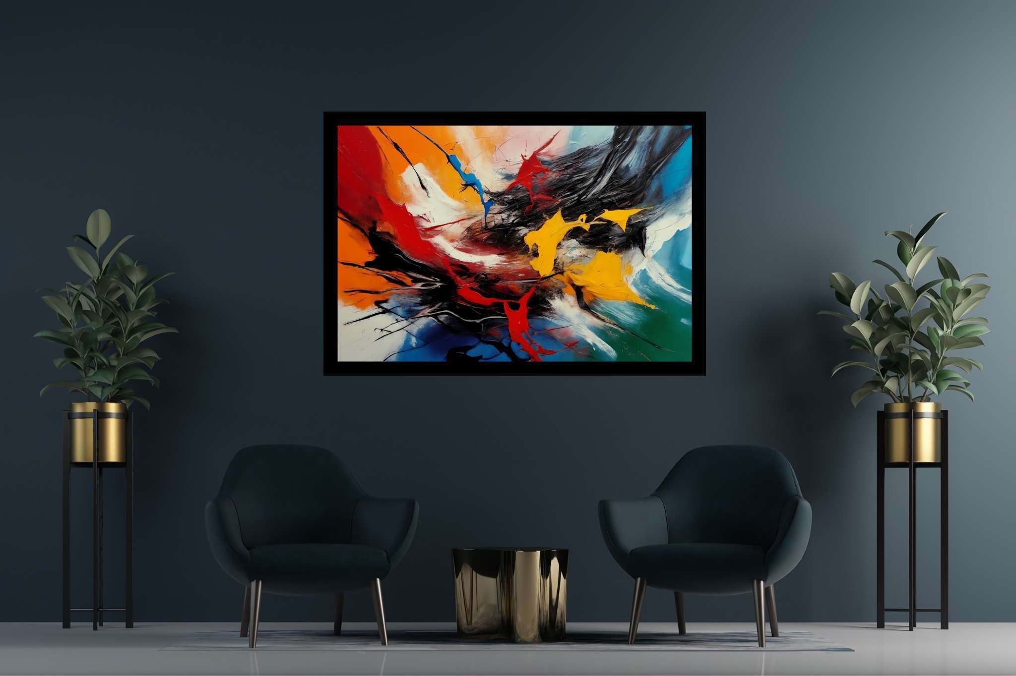 Chromatic symphony: Vibrant art with vivid, in a room with contemporary flair, gallery-quality artwork, and home styling items. The art can be printed on poster, framed poster, canvas, metal, acrylic or wood, exclusively at WallArtZen. Find this exact print at https://wallartzen.com/waz34