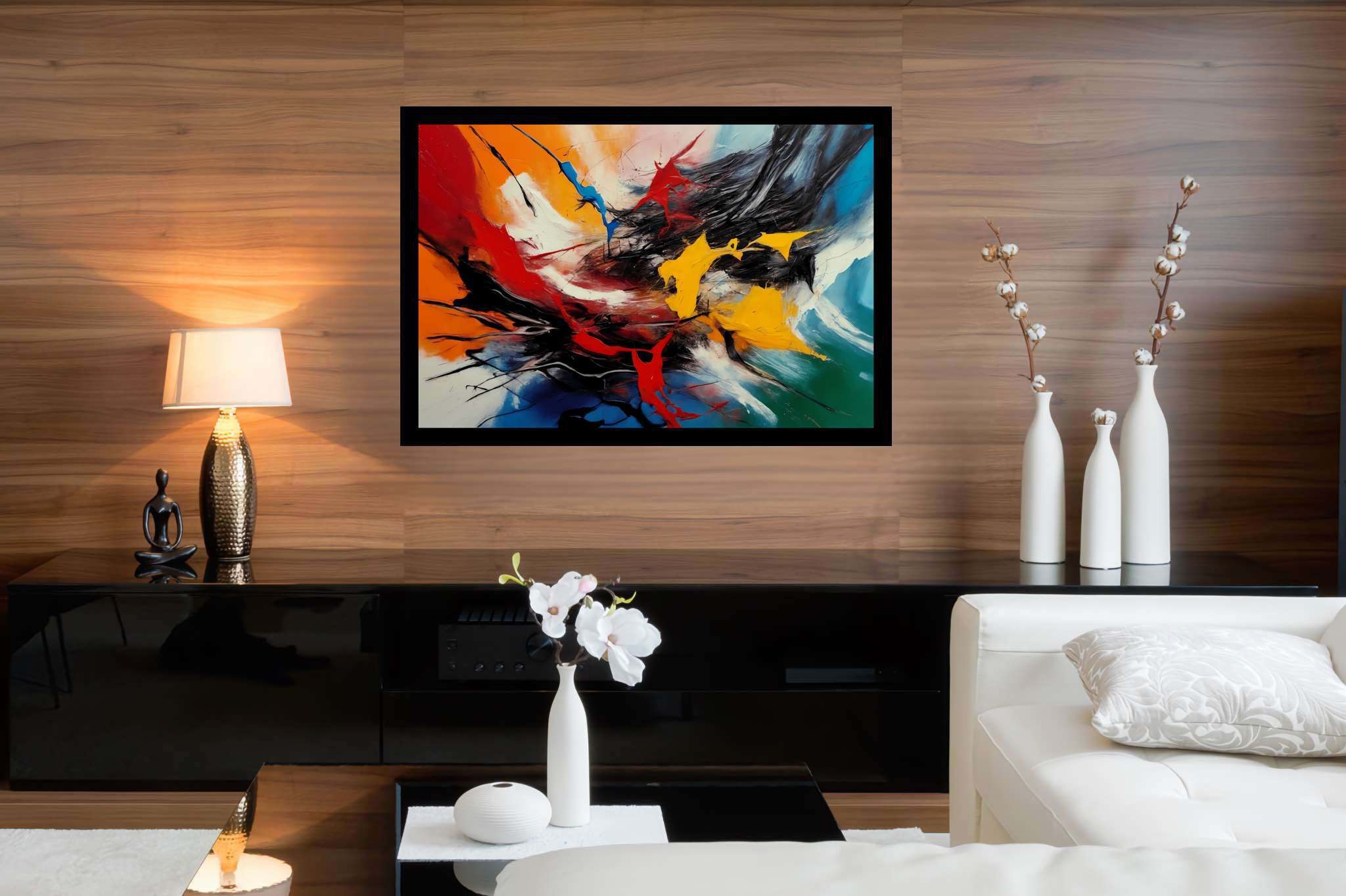Chromatic symphony: Vibrant art with expressive, in a room with innovative layout, gallery-quality artwork, and trendy home accents. The art can be printed on poster, framed poster, canvas, metal, acrylic or wood, exclusively at WallArtZen. Find this exact print at https://wallartzen.com/waz34