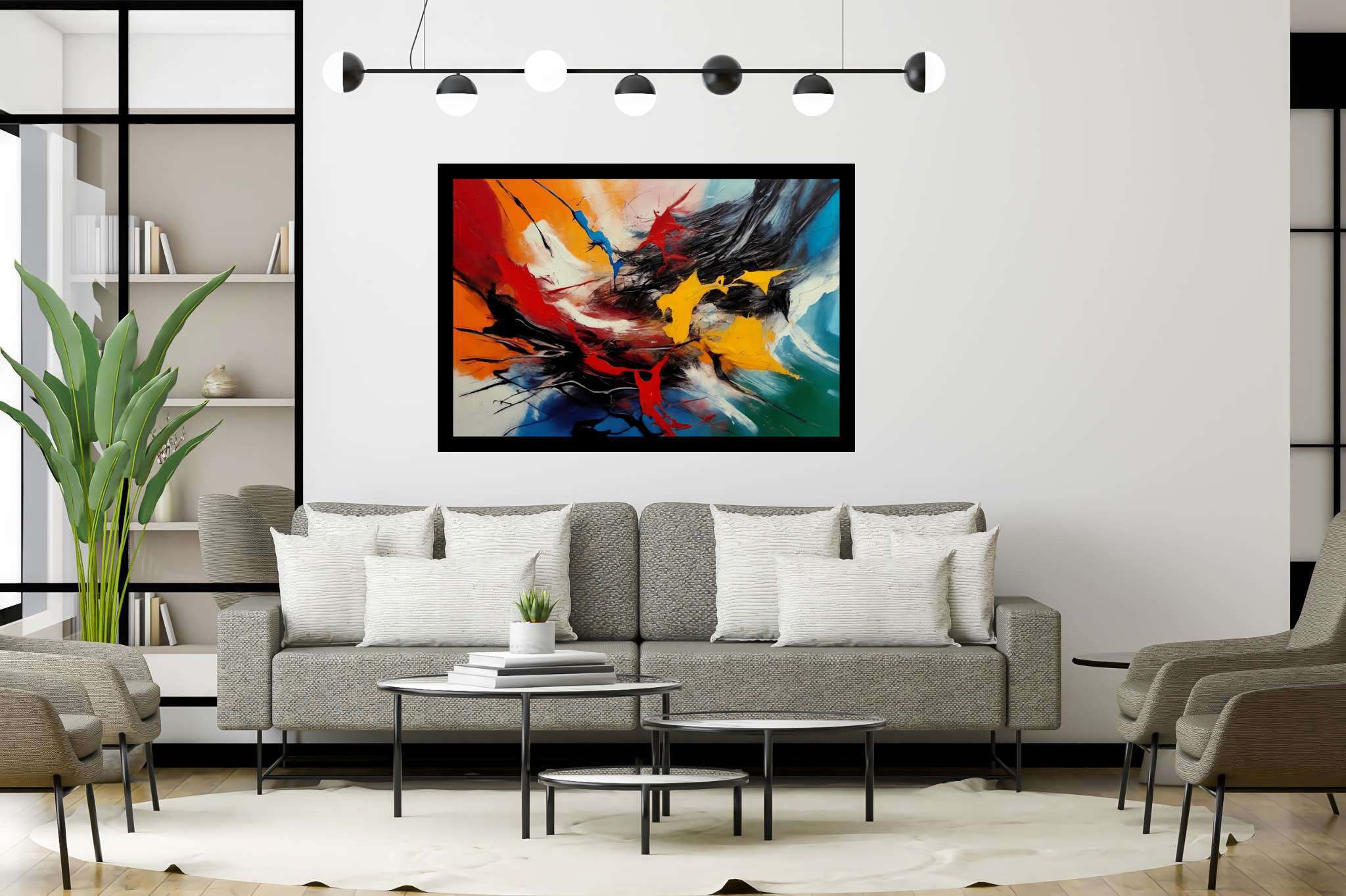 Chromatic symphony: Vibrant art with vibrant abstract art, in a room with elegant layout, abstract paintings, and artisan decor. The art can be printed on poster, framed poster, canvas, metal, acrylic or wood, exclusively at WallArtZen. Find this exact print at https://wallartzen.com/waz34