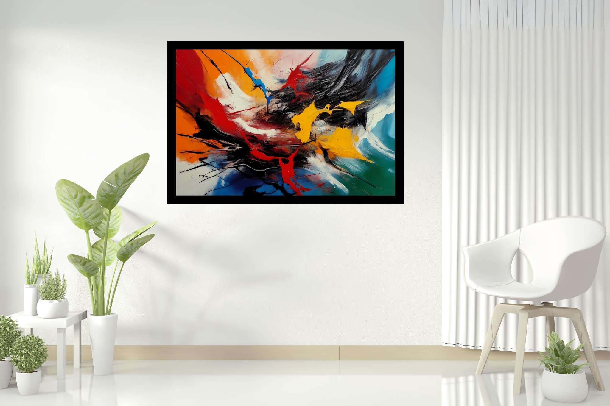 Chromatic symphony: Vibrant art with expressive, in a room with contemporary flair, mural artworks, and stylish accessories. The art can be printed on poster, framed poster, canvas, metal, acrylic or wood, exclusively at WallArtZen. Find this exact print at https://wallartzen.com/waz34